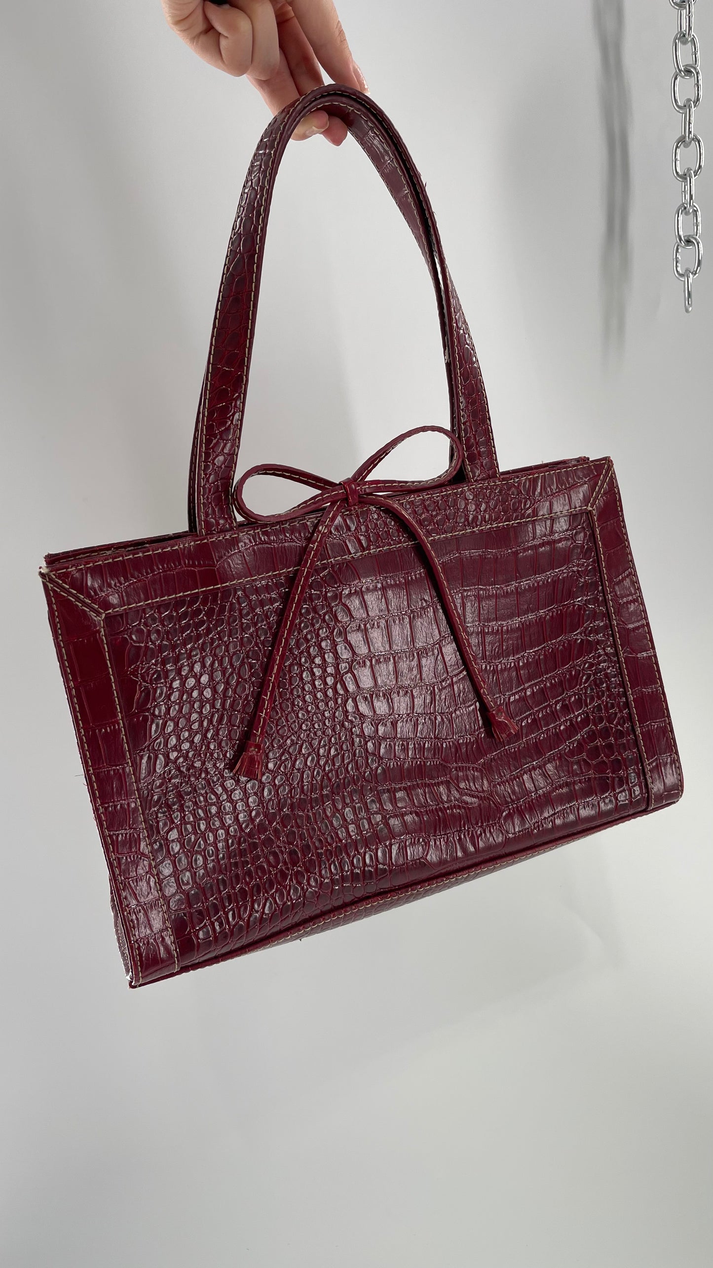 Vintage Liz Claiborne 1990s Cherry Red Crocodile Embossed Structured Bow Bag