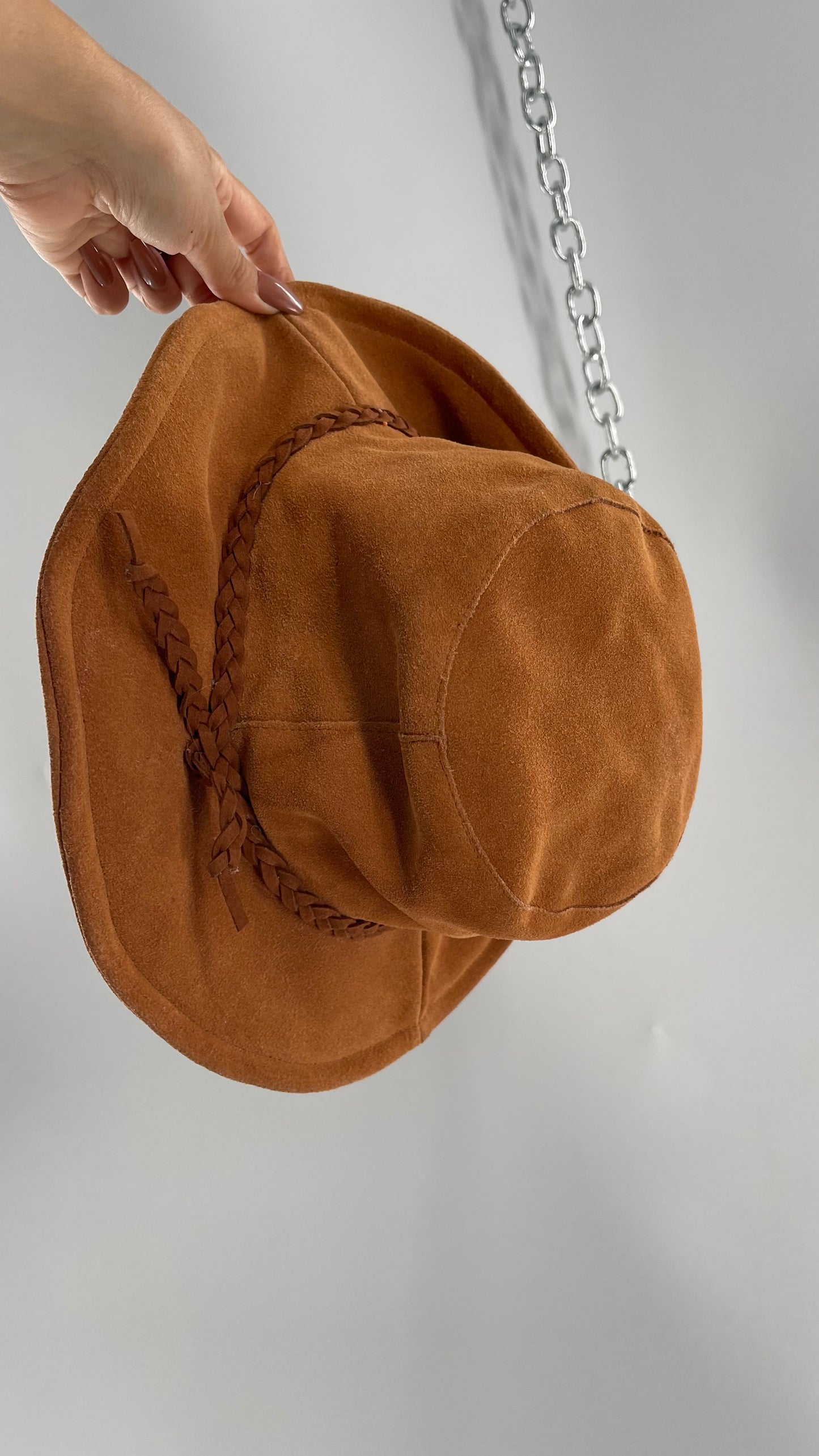 Free People Burnt Orange Suede Genuine Leather Sun Hat with Braided Belt