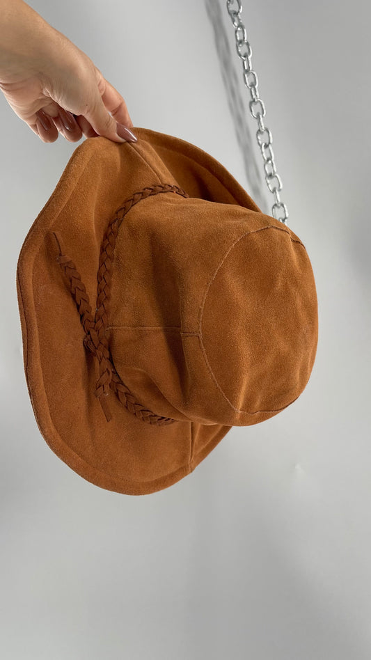 Free People Burnt Orange Suede Genuine Leather Sun Hat with Braided Belt