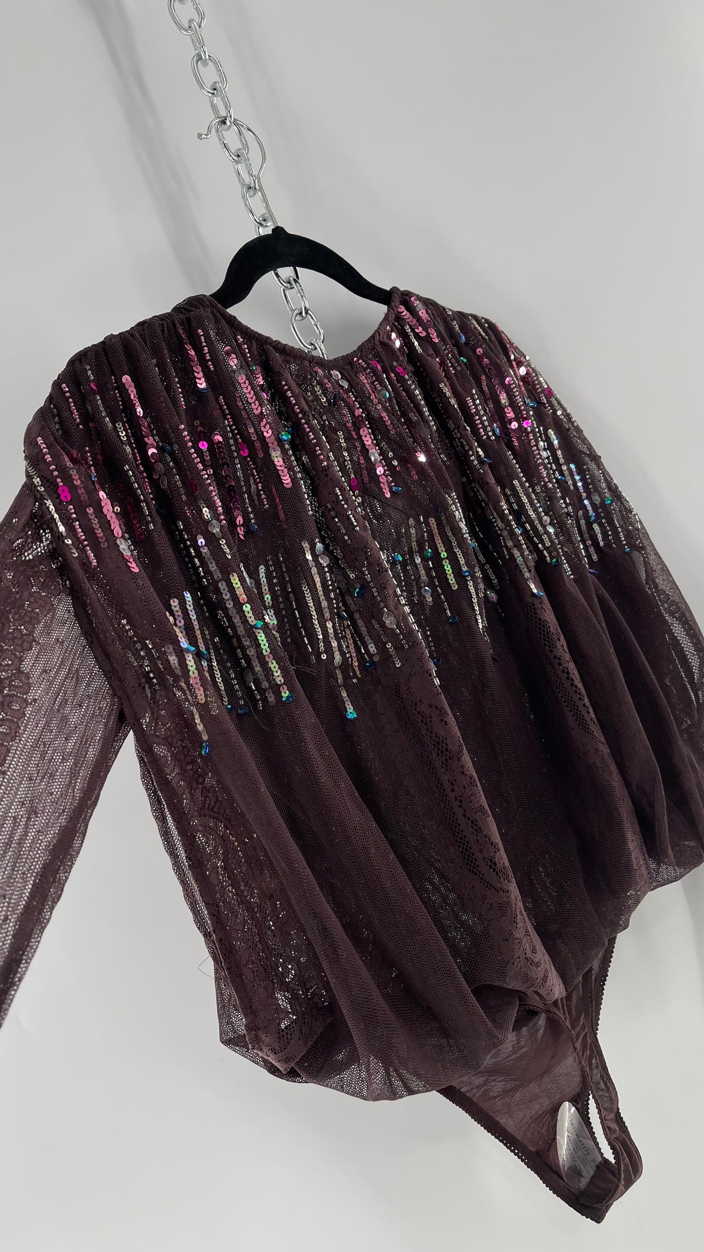 Intimately Free People Plum Mesh Bodysuit with Lace Sleeves and Beaded/Sequined/Embellished Body (Medium)