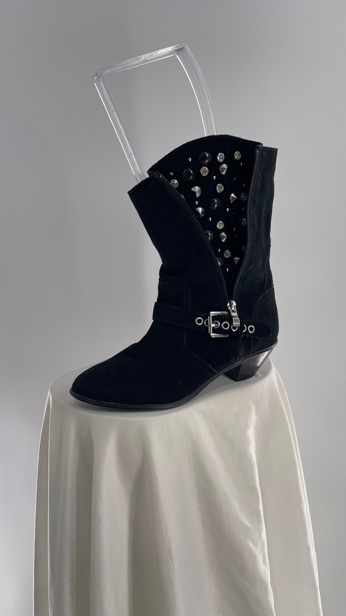 Vintage Black Suede Cowboy Boots with Buckle and Zip Up, Rhinestone Studded Details (8.5)