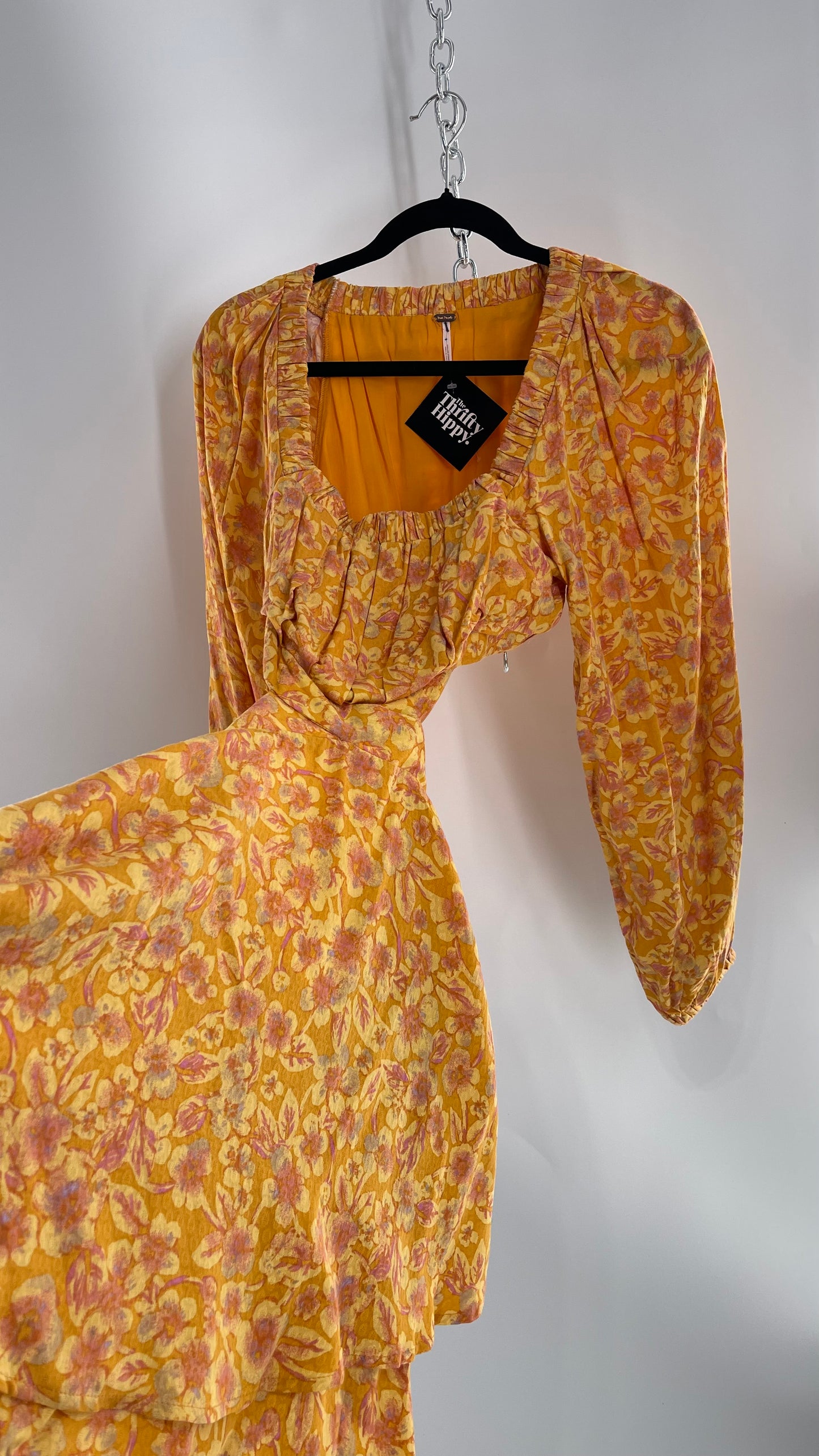 Free People Yellow Cut Out Golden Florals Dress with Ruched Bust and Balloon Sleeves (XS)