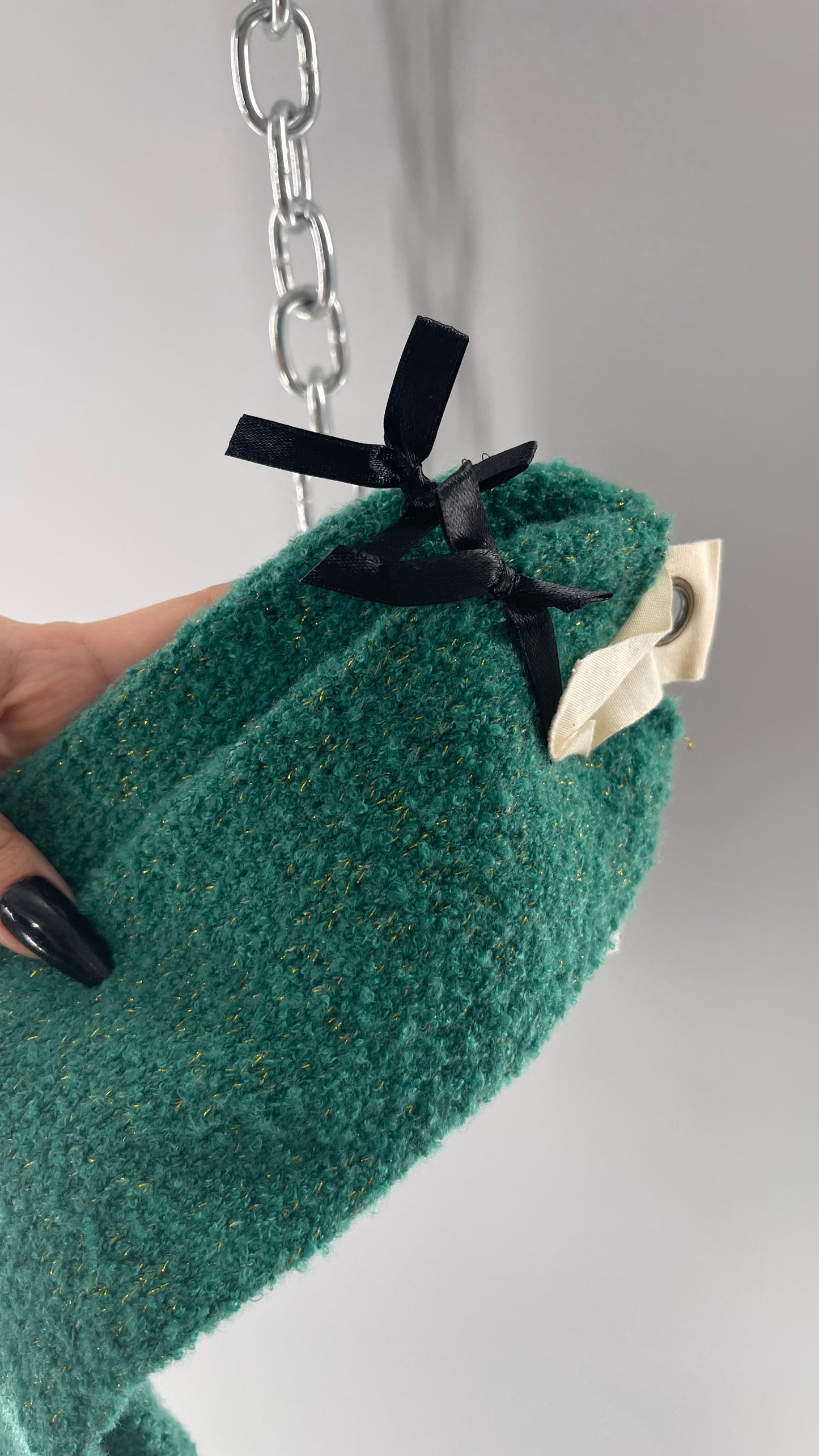 Free People Festive Green Socks with Gold Tinsel and Black Satin Bow Detail