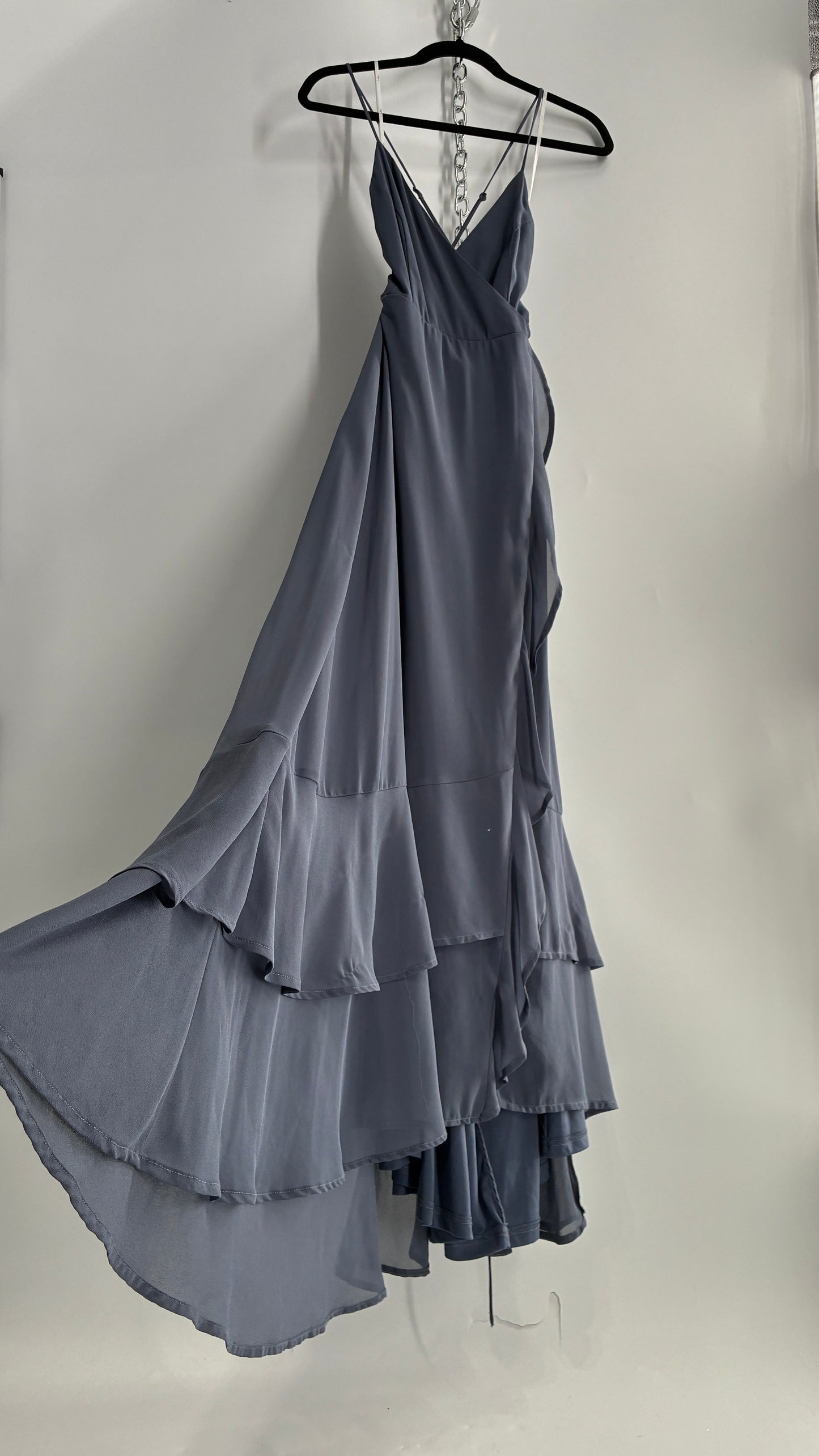 Lulus Greyish Blue Full Length Dress with Tie Up Back and Ruffled Hem (S)