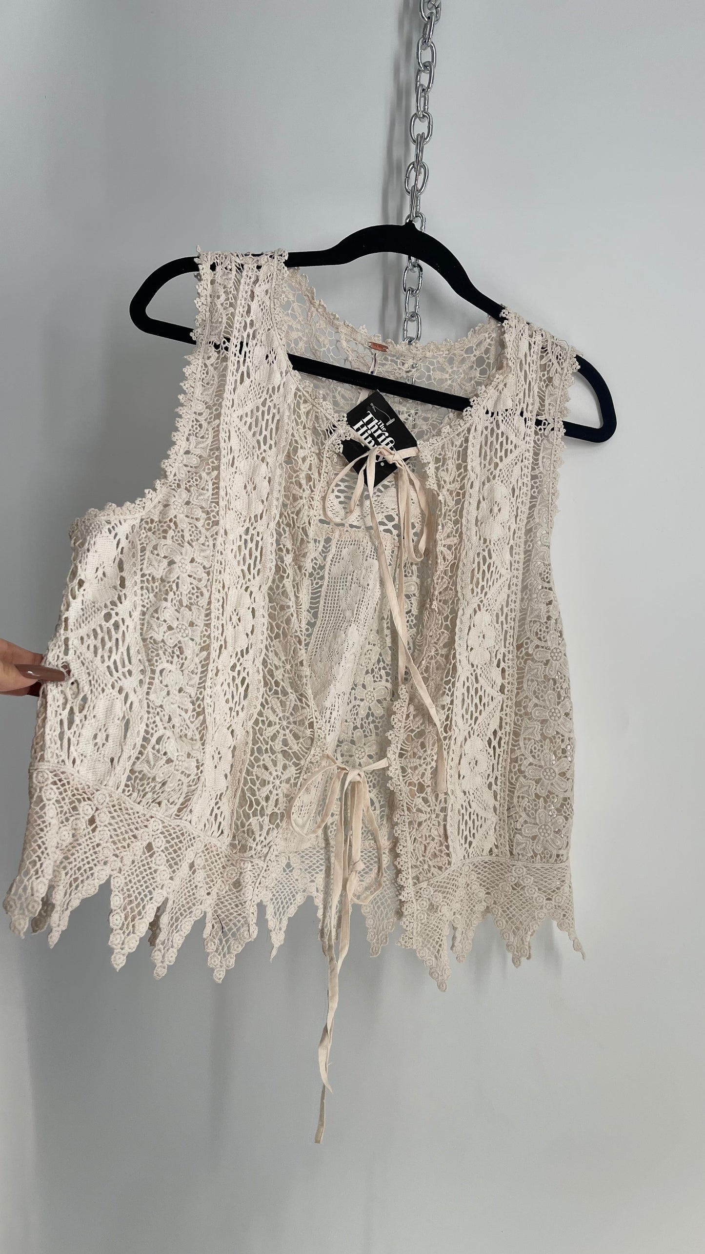 Free People Off White Lace Crochet Vest/ Tie Bust Sleeveless Top (Medium)