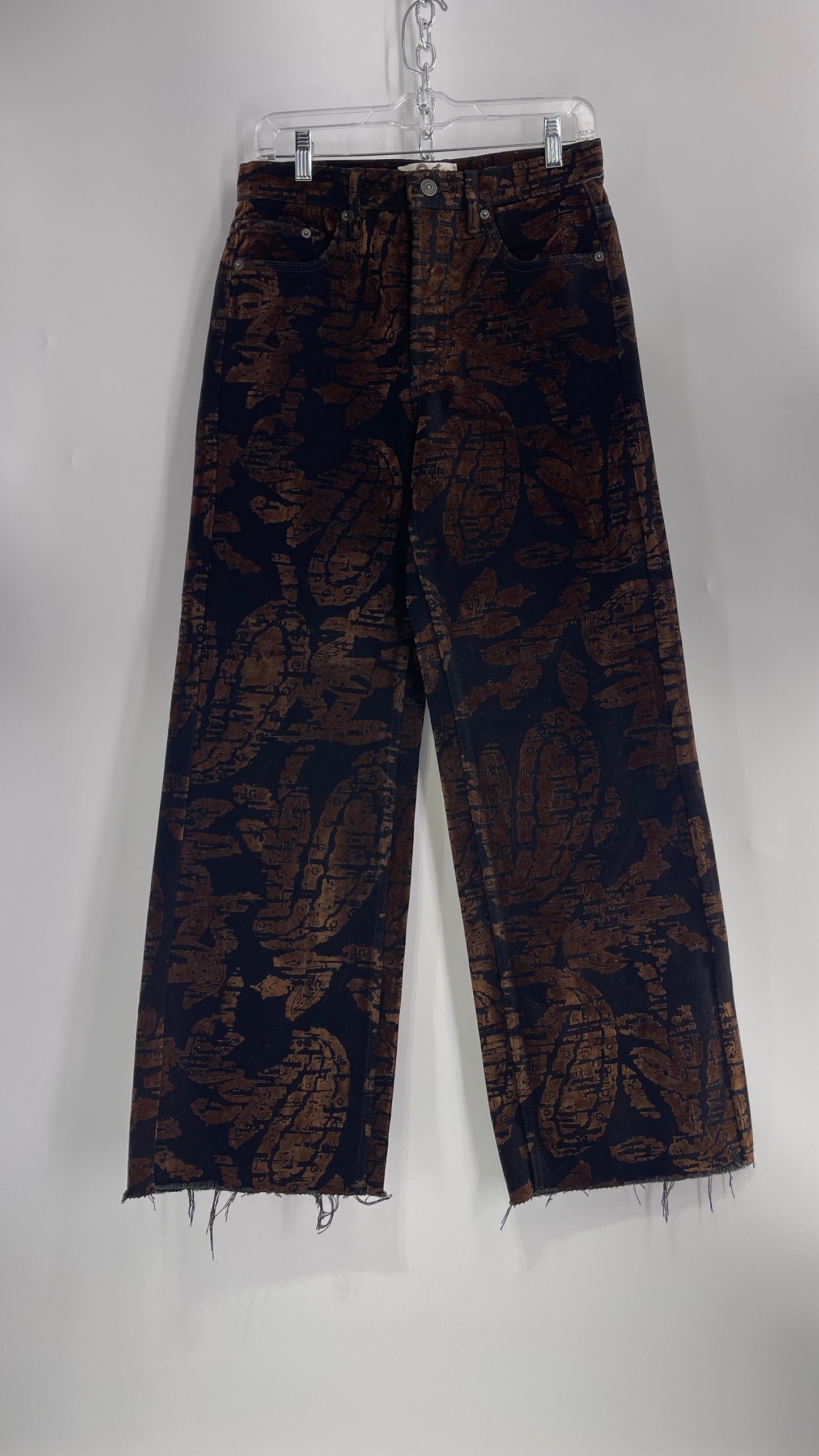 Free People Black/Brown Velvet Texture Graphic Straight Legs with Raw Edge Hem and Tags Attached (28)