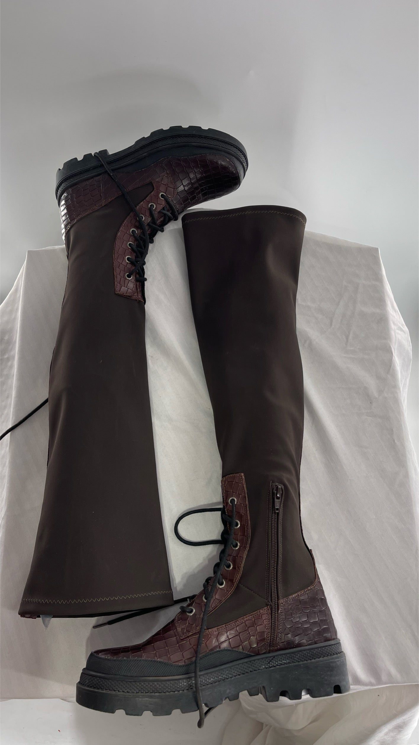 Free People Dark Brown Riding Style Embossed Knee High Platform Boots (39)