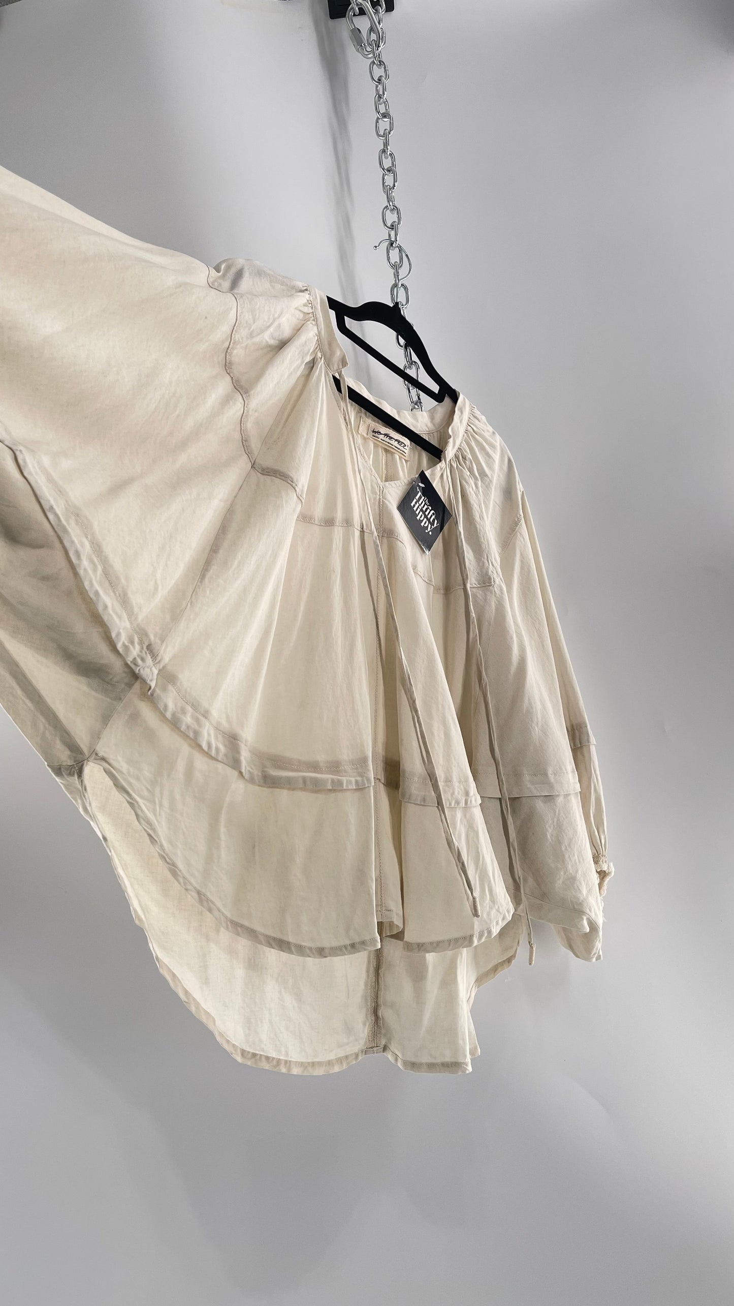 Free People Beige Off White Billow/ Prairie Sleeve Cape Blouse (Small)