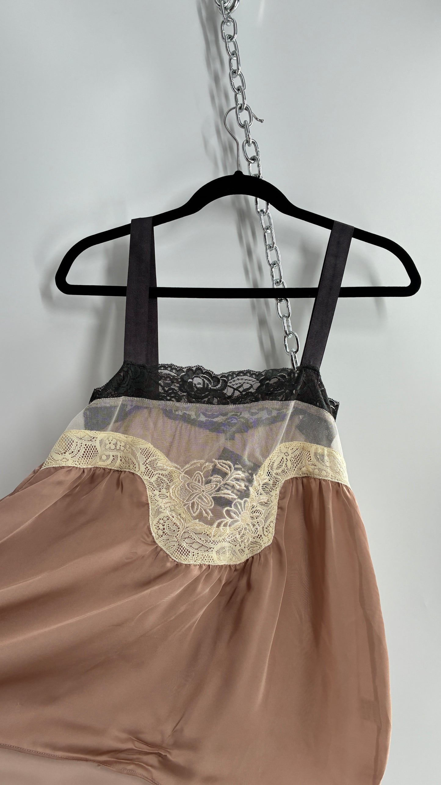 Vintage Milau Silky Camisole Top with Ribbon Straps and Sheer Mesh Paneling (Small)