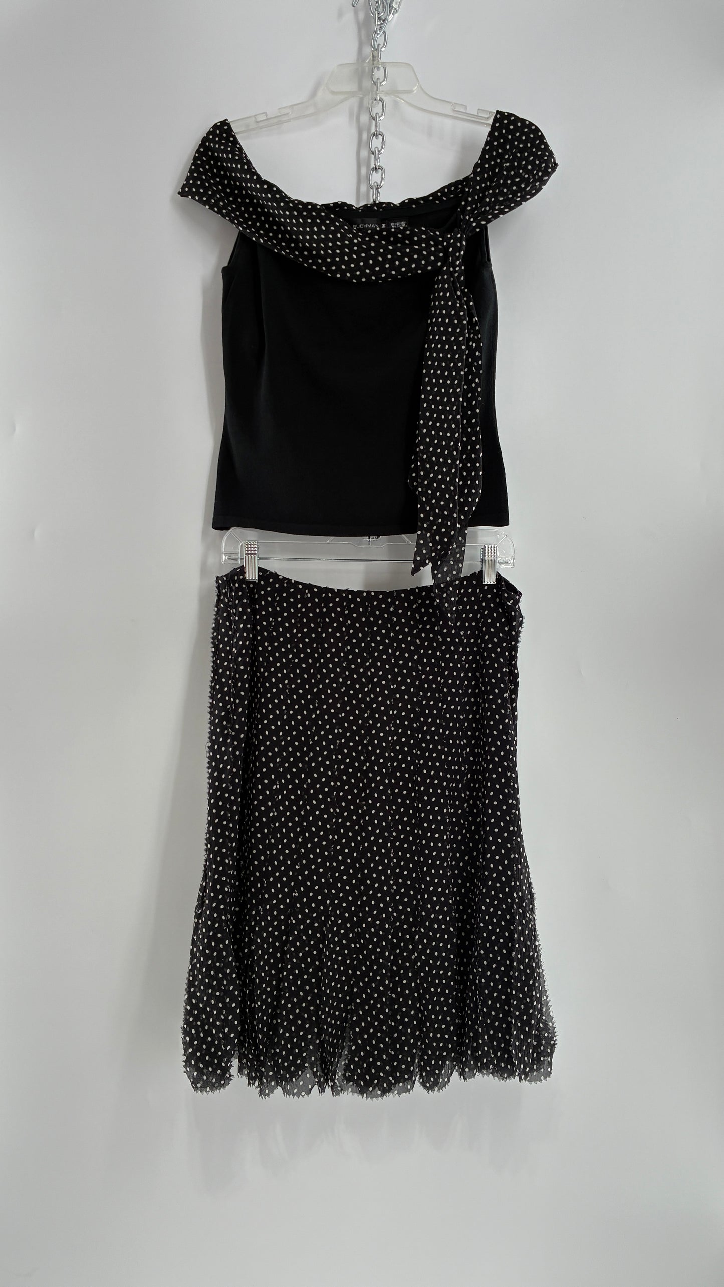 Vintage DANA BUCHMAN 100% Silk Polka Dotted Fringe Skirt and Off the Shoulder Top (Medium)