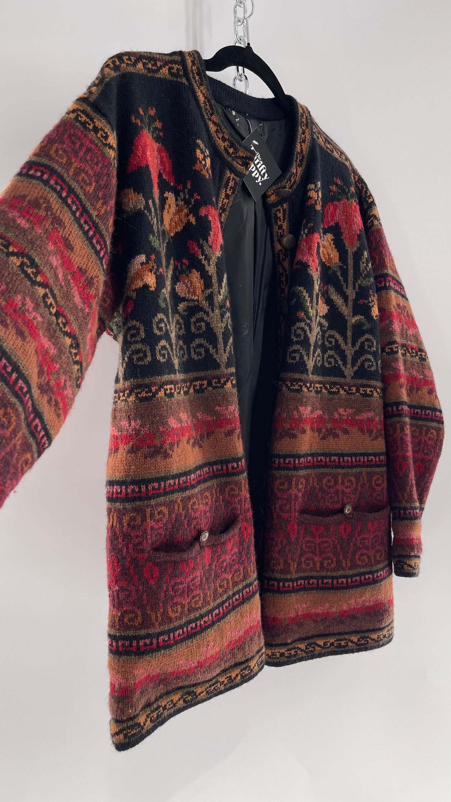 Vintage Iceland Design Wool Jacket with Brass Embossed Buttons and Folk Floral Patterning(C)(Medium)