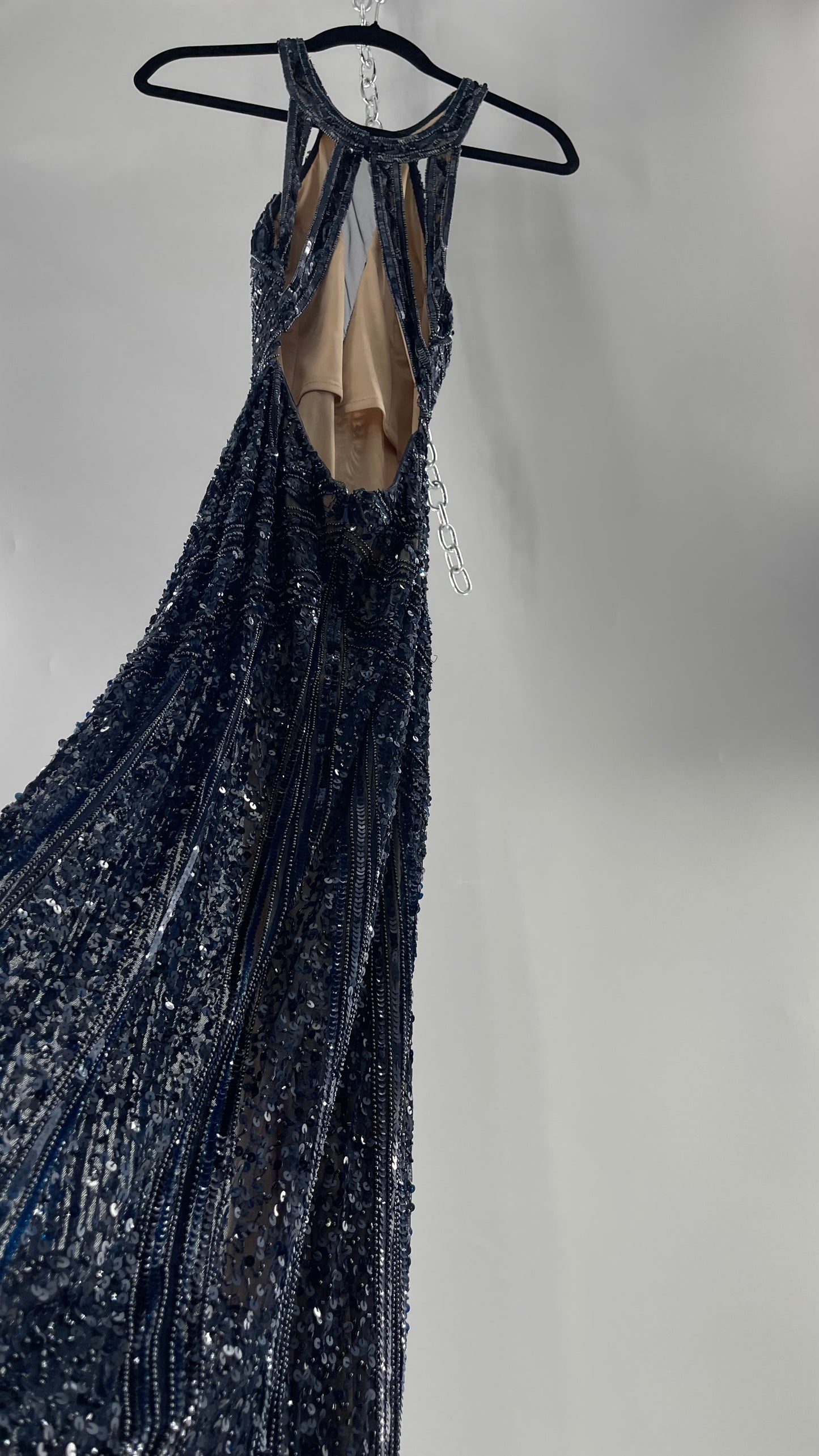 Vintage SCALA Navy Blue Beaded Floor Length Gown with Plunging Neckline, Backless Detail, and Tan Underlay (C)(4)