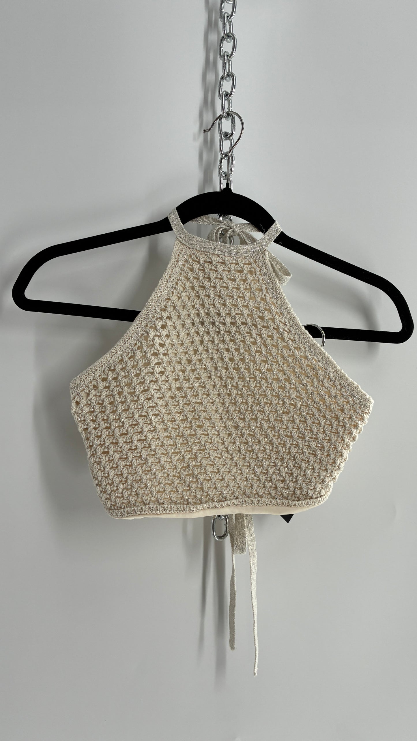 GARAGE Off White Crochet Backless Halter with Silver Tinsel (Small)