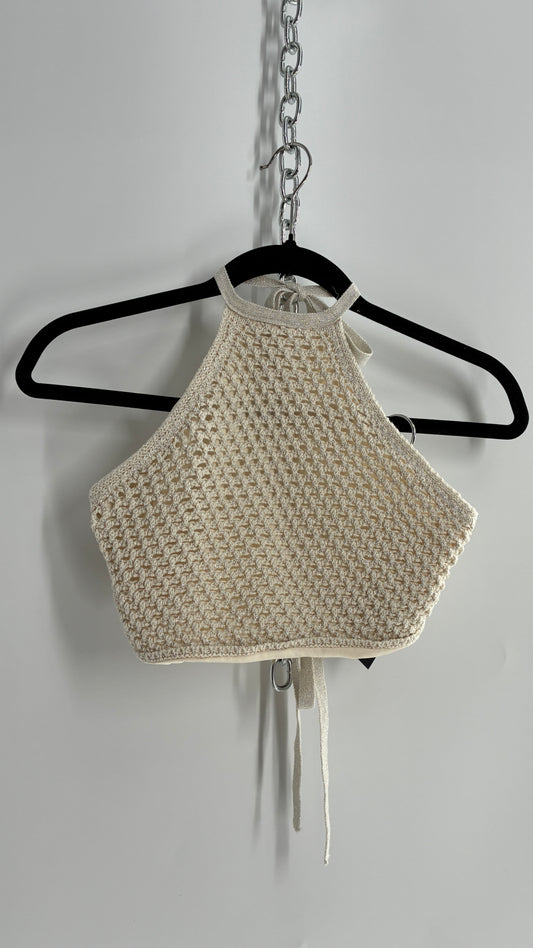 GARAGE Off White Crochet Backless Halter with Silver Tinsel (Small)