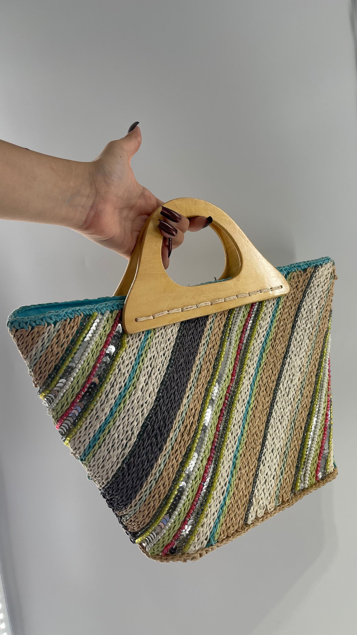 Vintage Woven Straw Purse with Sequins and Beaded Details