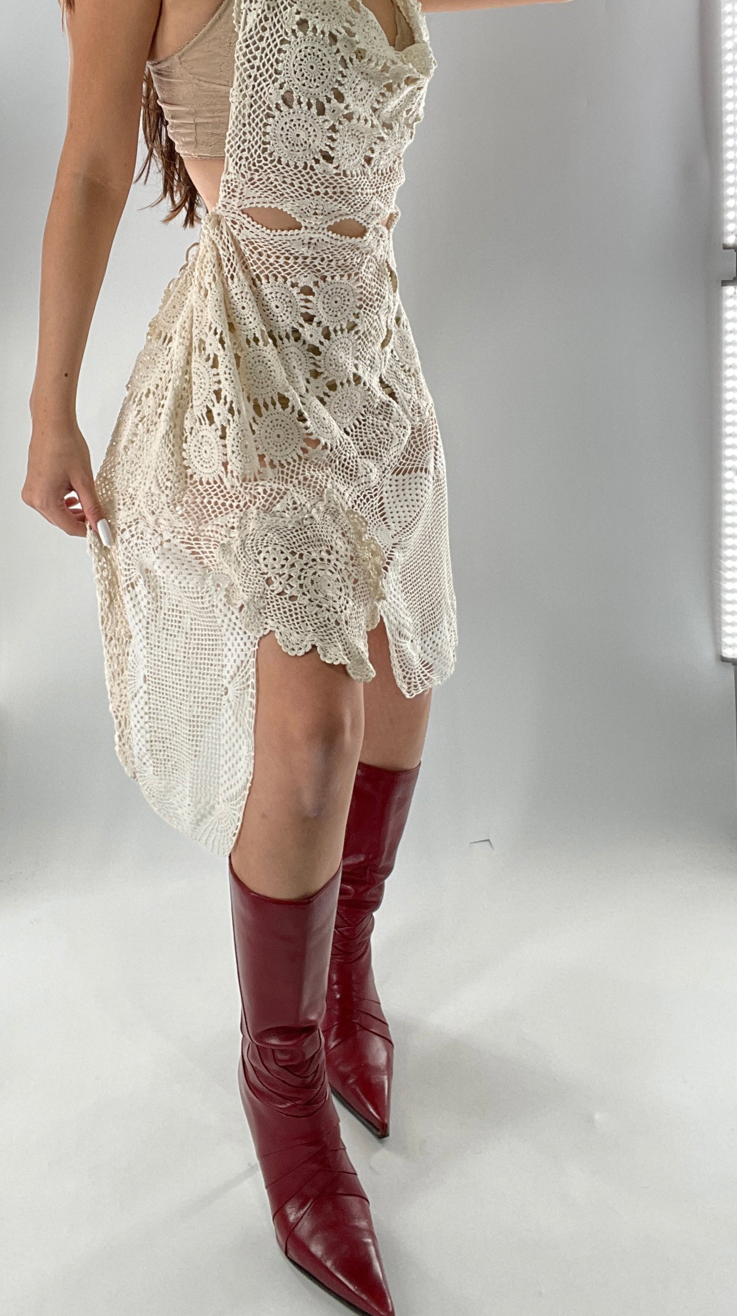 Vintage Handmade Crochet Cottage Adjustable Dress with Open, Low Back (One Size)