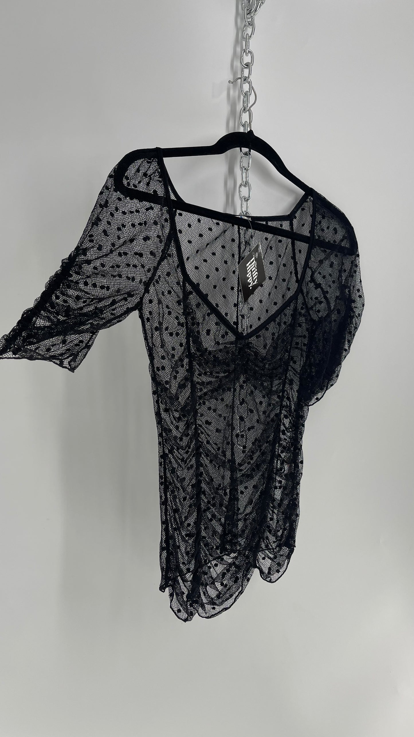 Intimately Free People Black Mesh Polka Dotted Puff Sleeve Blouse (Small)