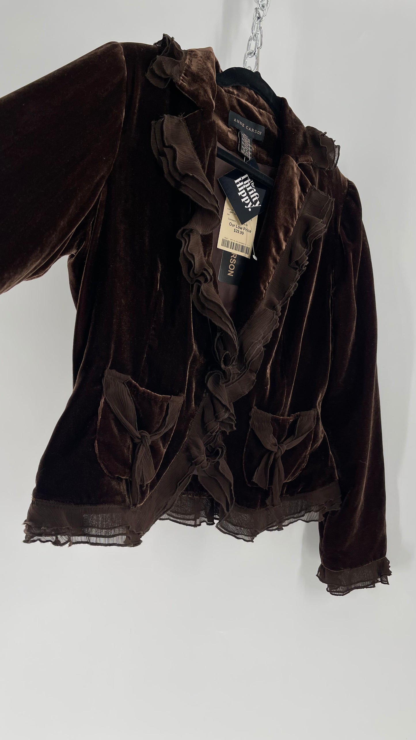 Deadstock Vintage Brown Velvet Anne Carson Blazer with Delicate Crepe Ruffled Hem and Bow Pockets (Medium)