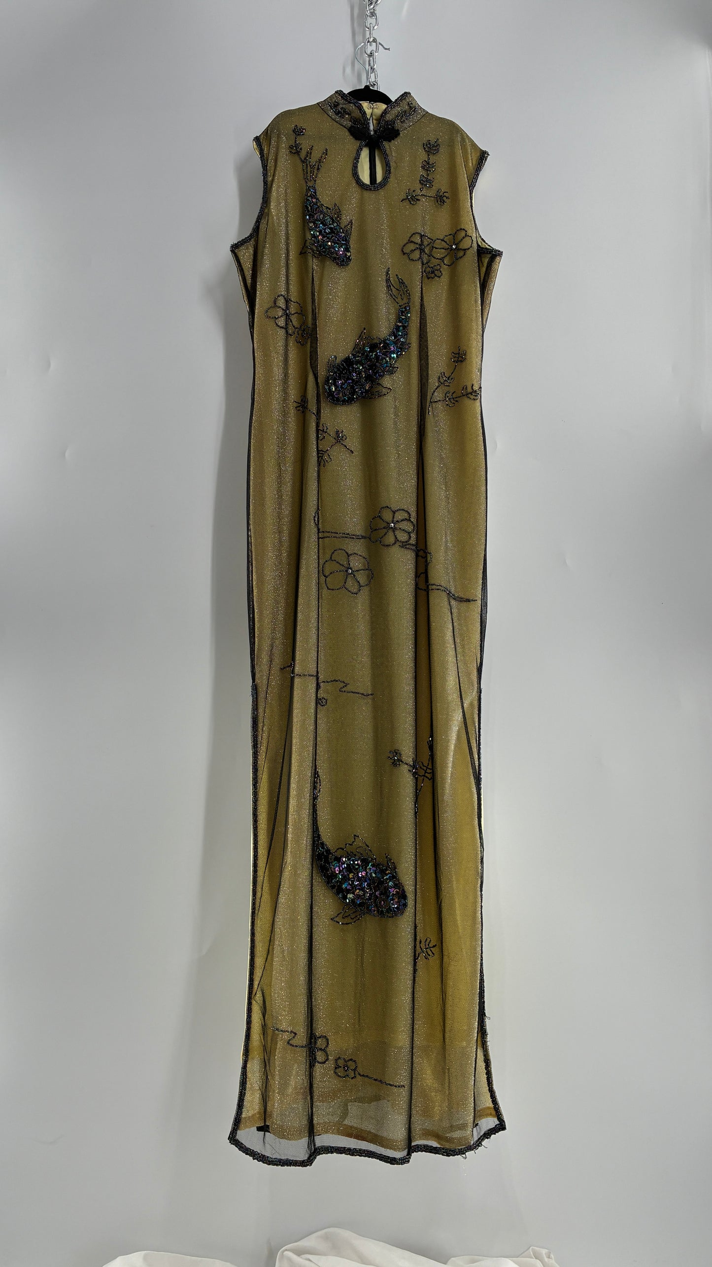 Vintage 1990s One of a Kind Handmade, Green Gown with Beaded Koi Fish, Metallic Tulle Overlay, and Symmetric Back (Medium)