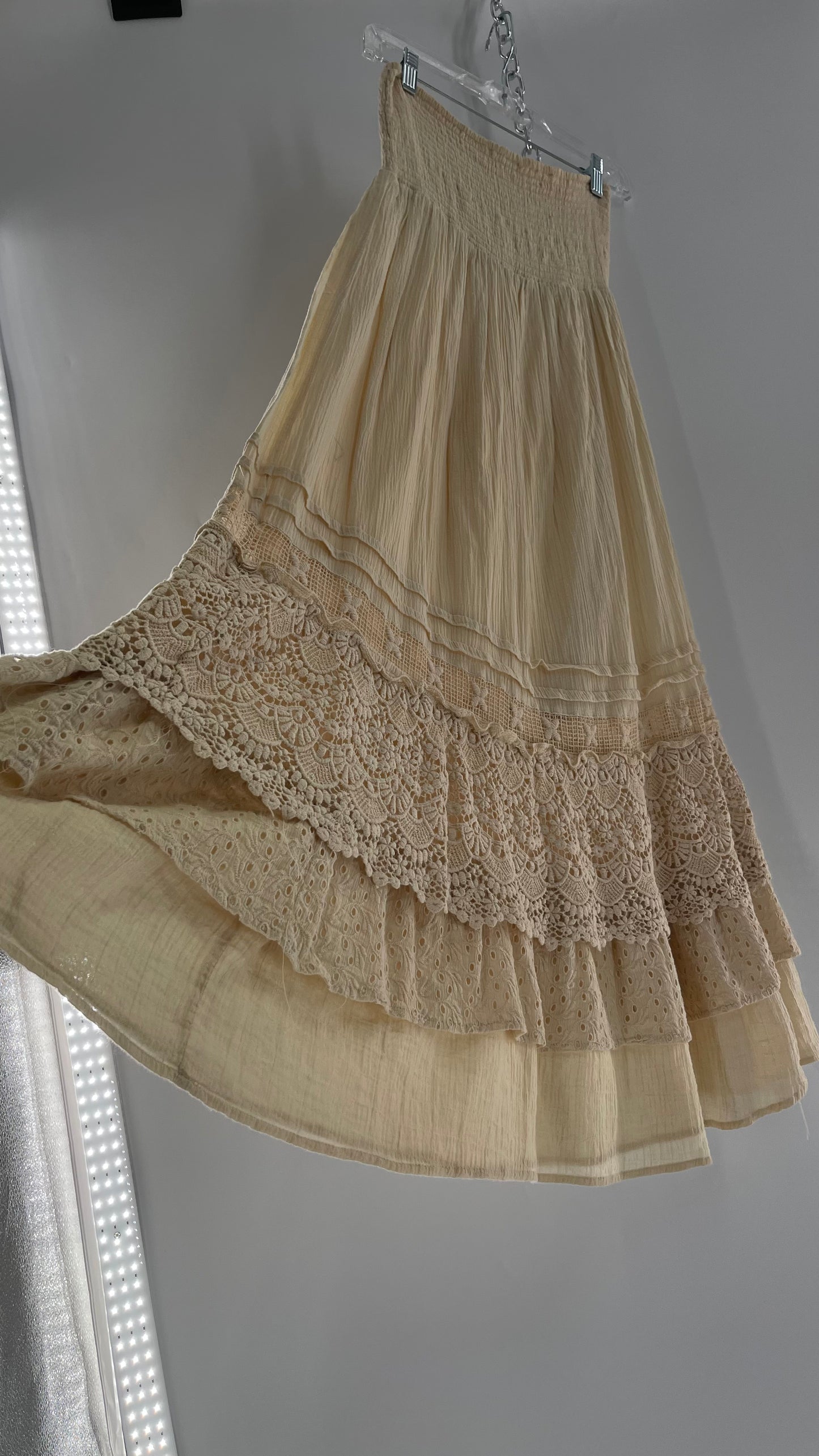 Free People Beige Gauze/Cotton Full Length Skirt Lined with Lace (XS)