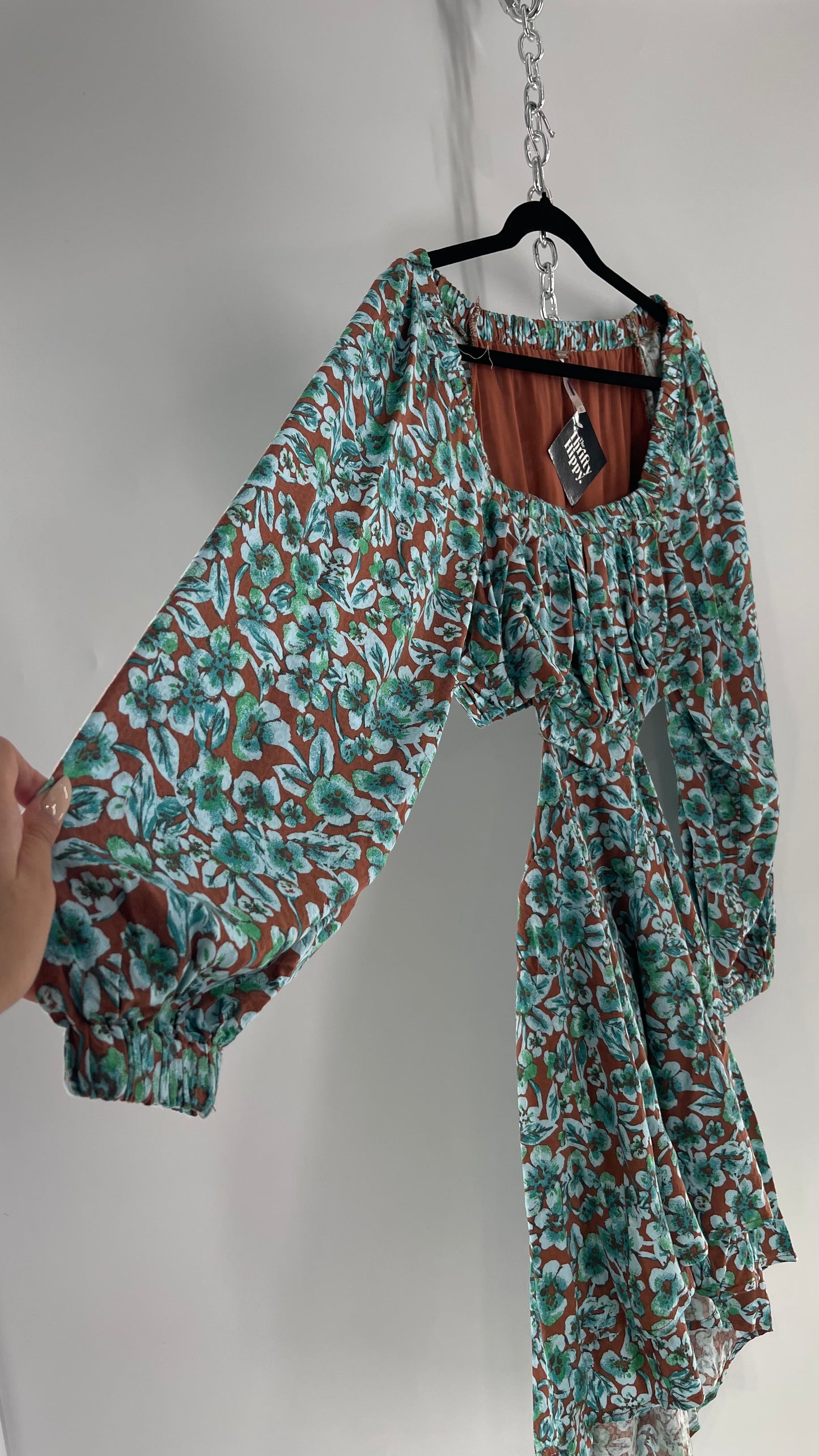 Free People Brown Cut Out Milkmaid Mini with Blue Florals (Medium)