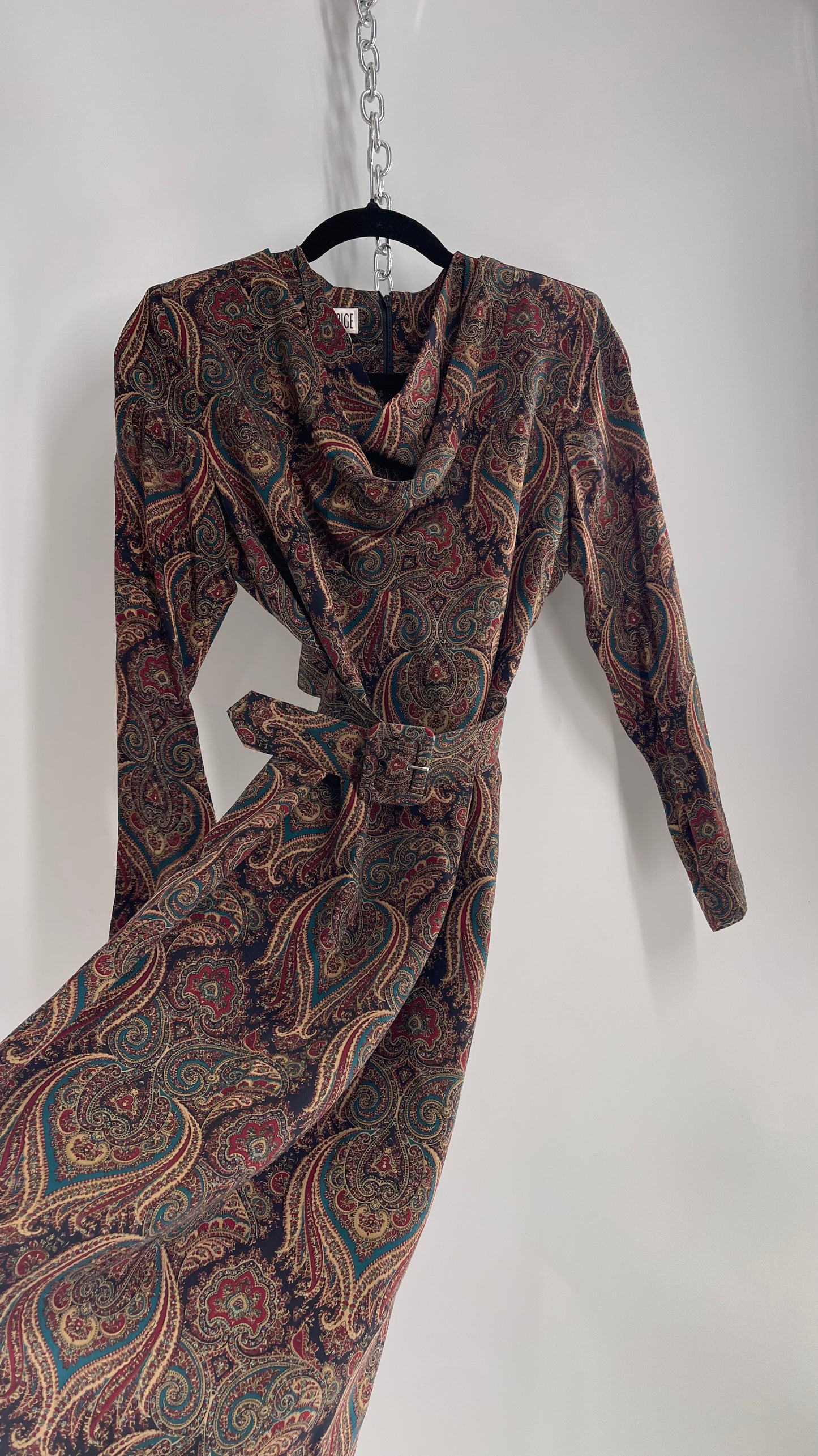 Vintage 100% Silk Paisley Belted Dress with Cowl Neckline (8)