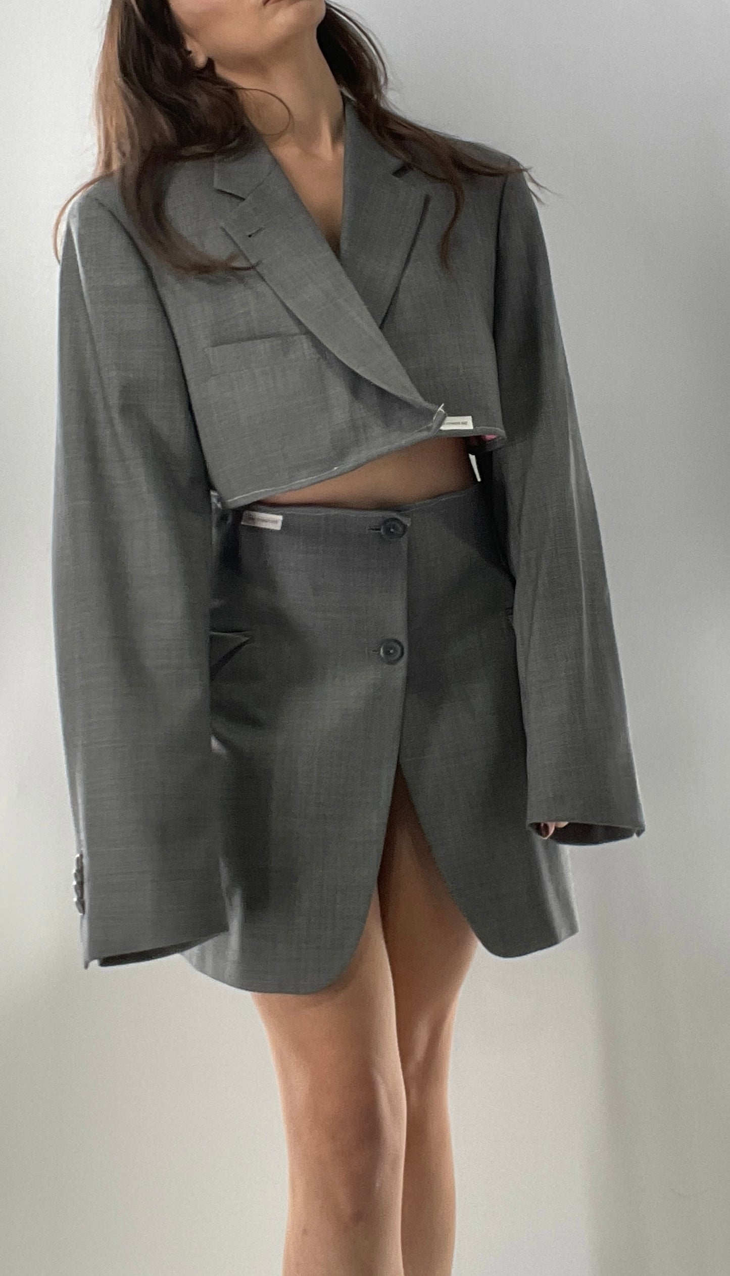 Custom Handmade Gray 2Piece Suit Set with Pink Satin Lining, Cropped Blazer, and Corseted Skirt (S-L)