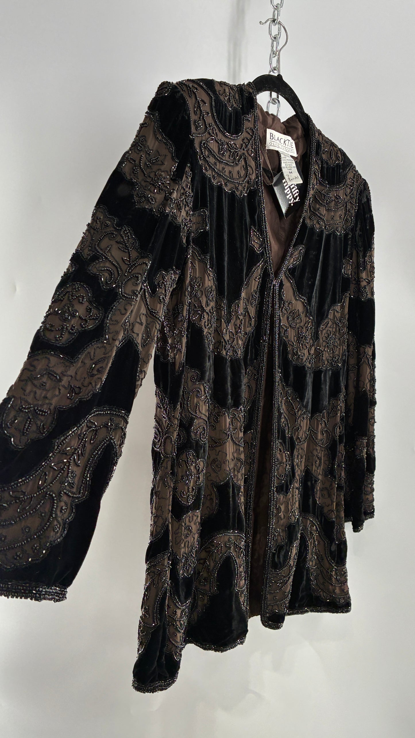 Vintage OLEG CASINI 100% Silk Velour Heavily Beaded Coat (Medium)