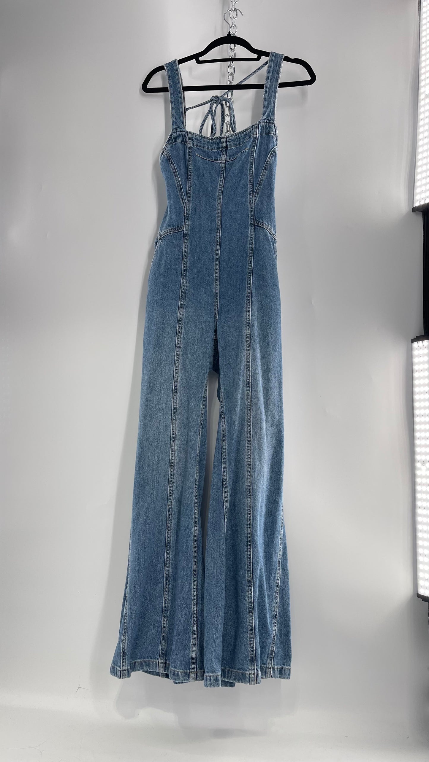 Free People Denim Backless Wide Leg Jumpsuit with Tags Attached (Small)