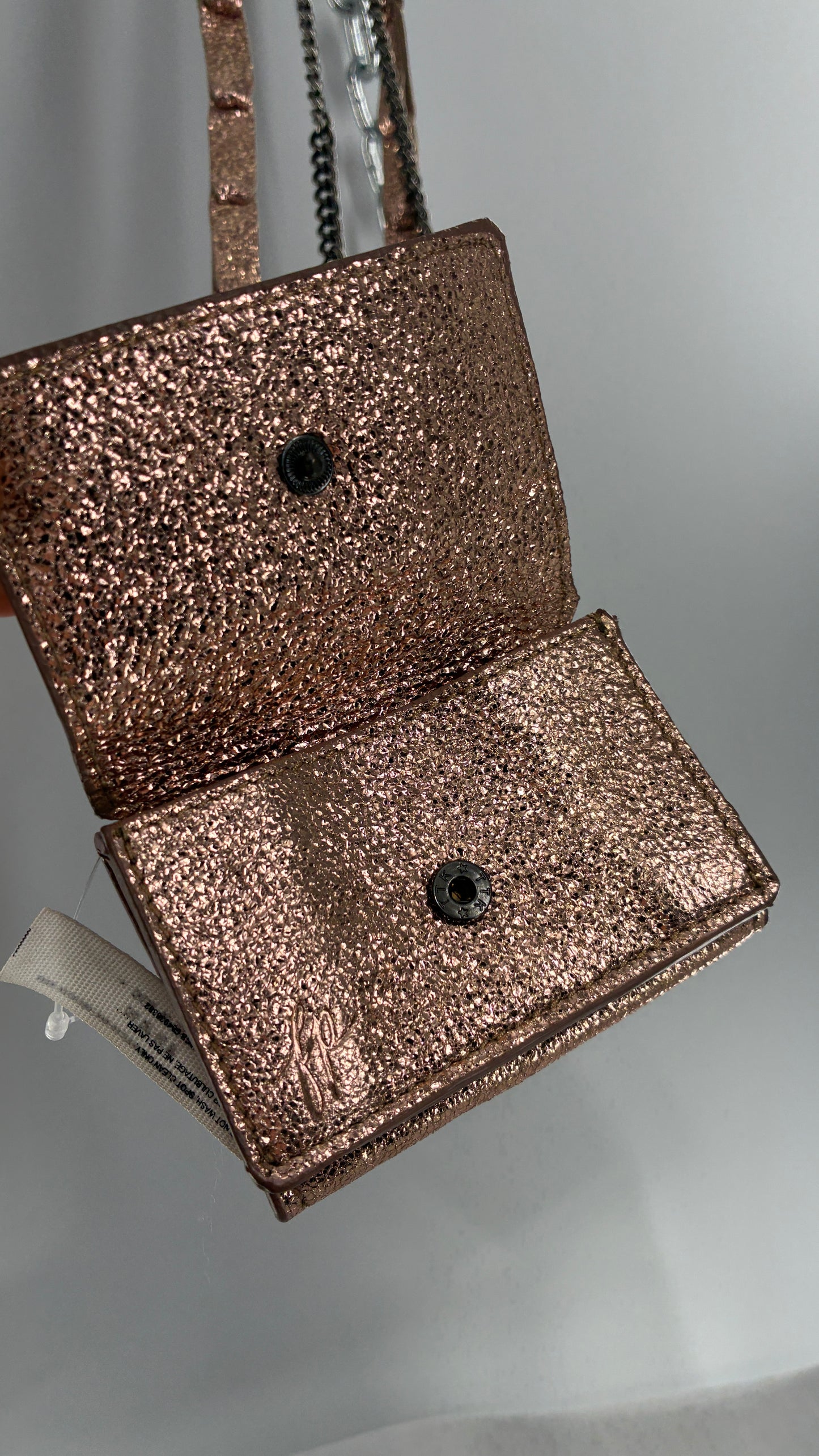 Free People Rose Gold Metallic Goat Leather Wallet with Leather and Chain Straps