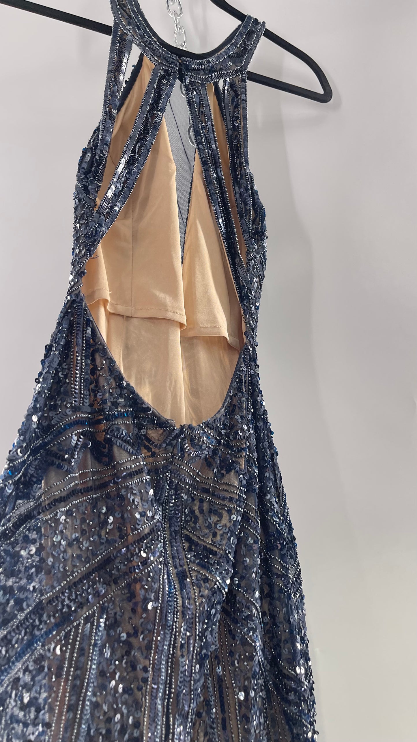 Vintage SCALA Navy Blue Beaded Floor Length Gown with Plunging Neckline, Backless Detail, and Tan Underlay (C)(4)