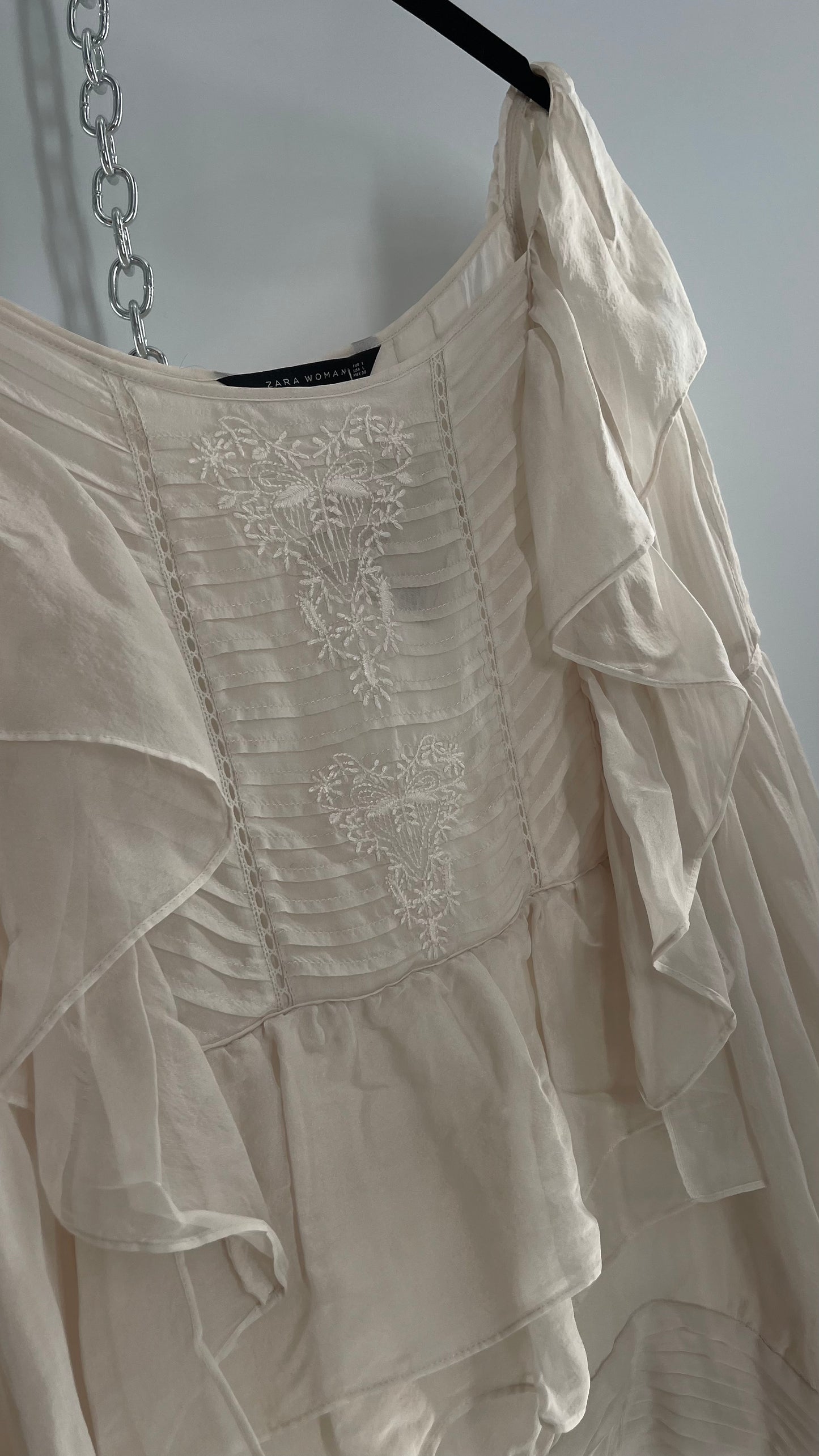 ZARA Ruffled and Embroidered Bell Sleeve Blouse (Large)