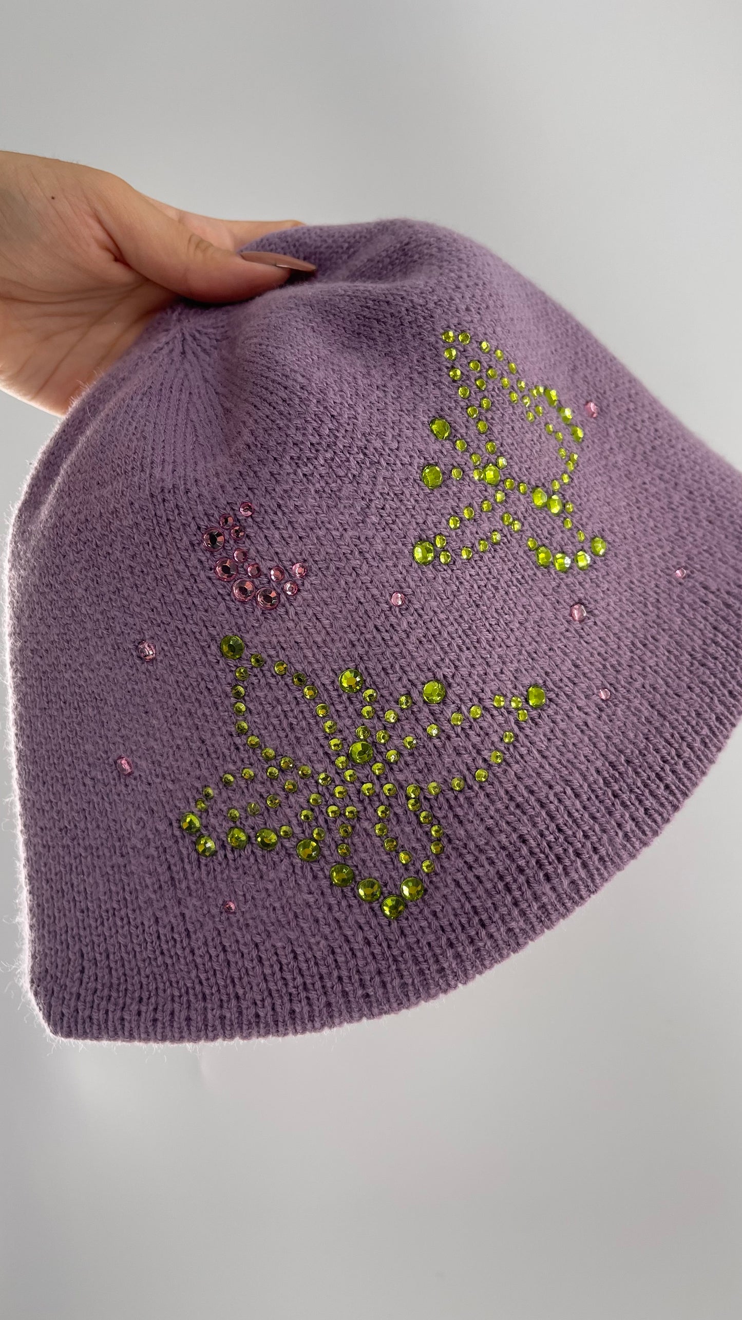 Urban Outfitters Lavender/Lilac Purple Knit Bucket Hat with Rhinestone Butterfly Details