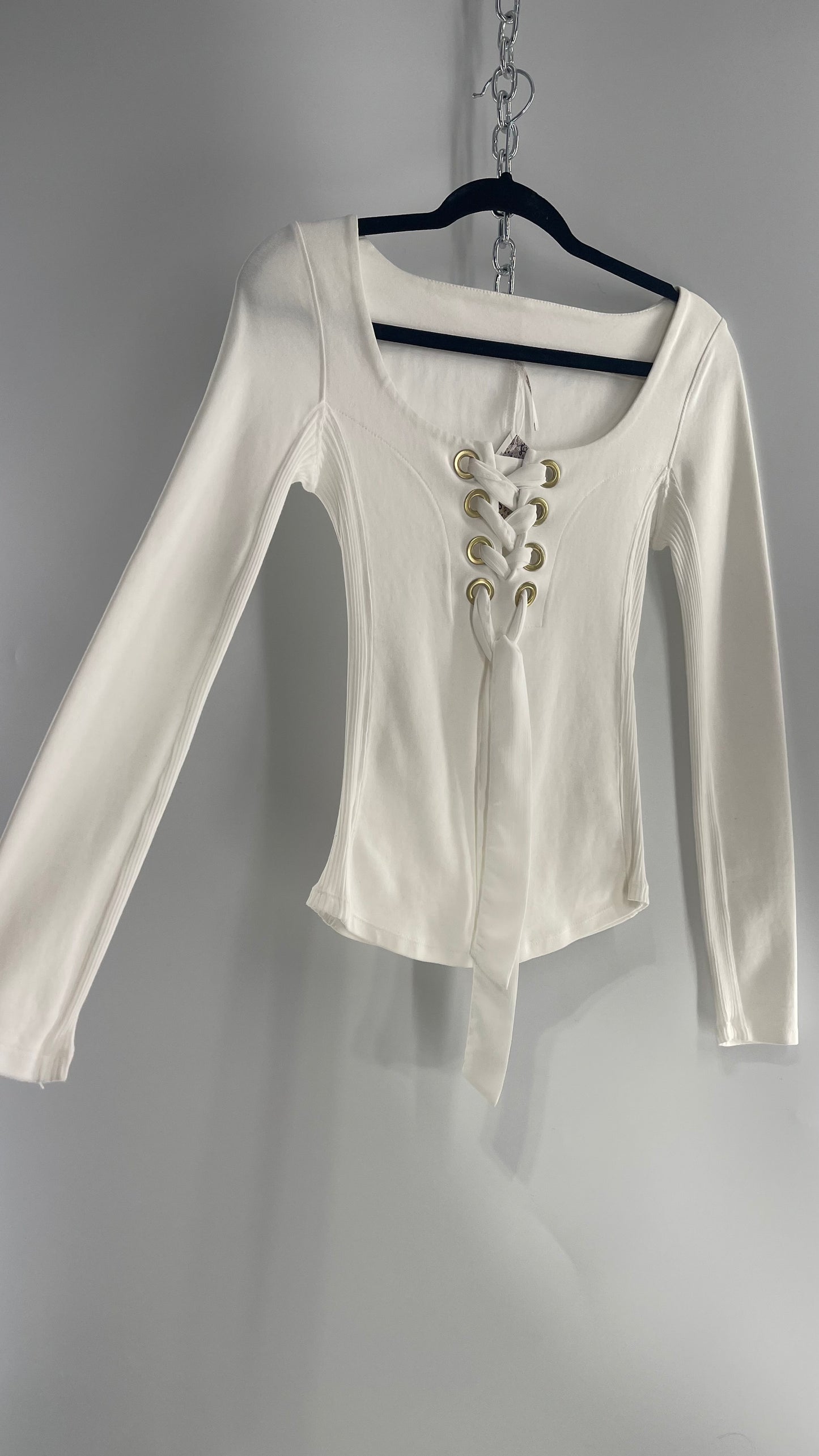 Free People White Lace Up Long Sleeve with Gold Grommets (XS)