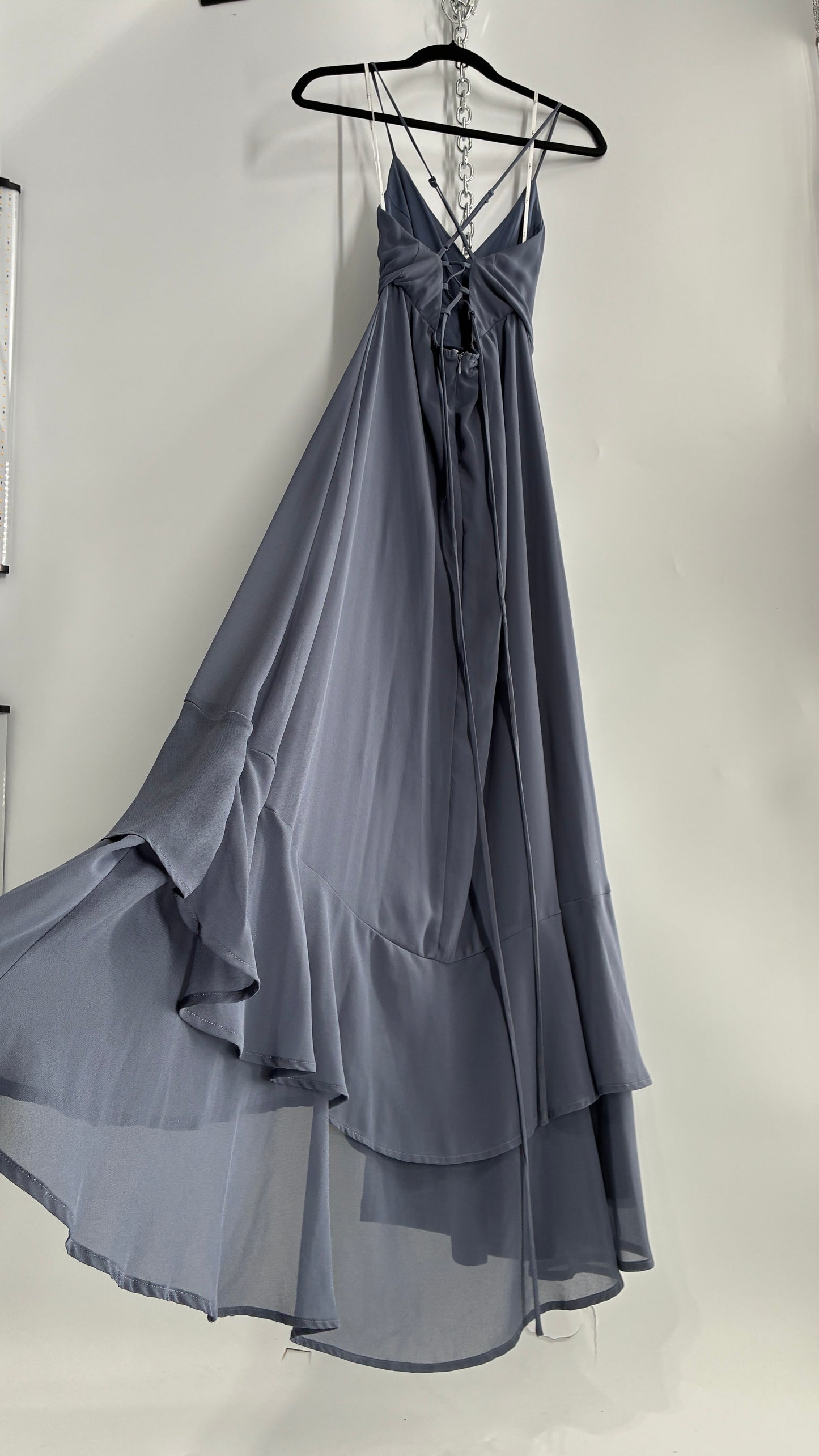 Lulus Greyish Blue Full Length Dress with Tie Up Back and Ruffled Hem (S)