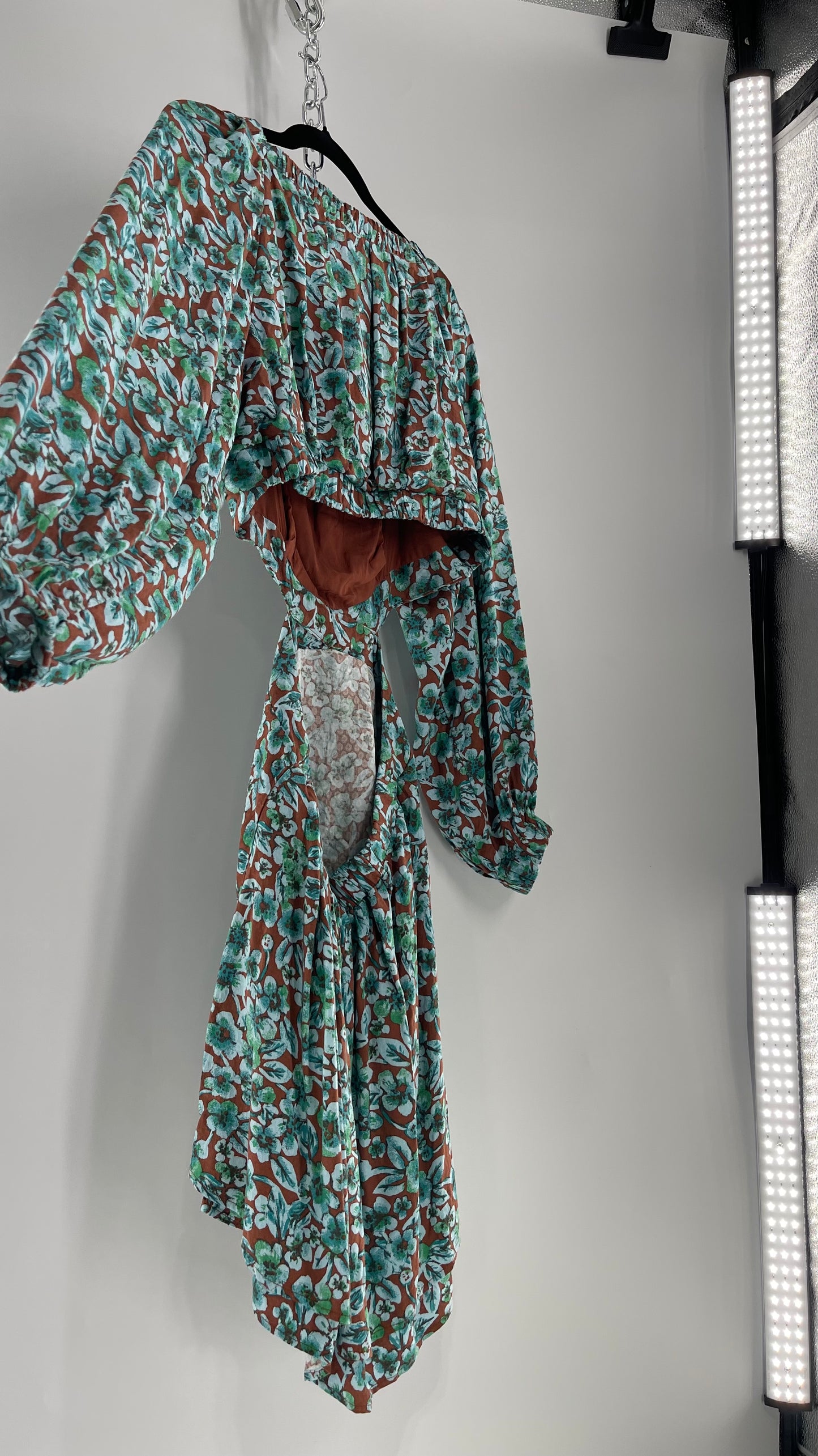 Free People Brown Cut Out Milkmaid Mini with Blue Florals (Medium)