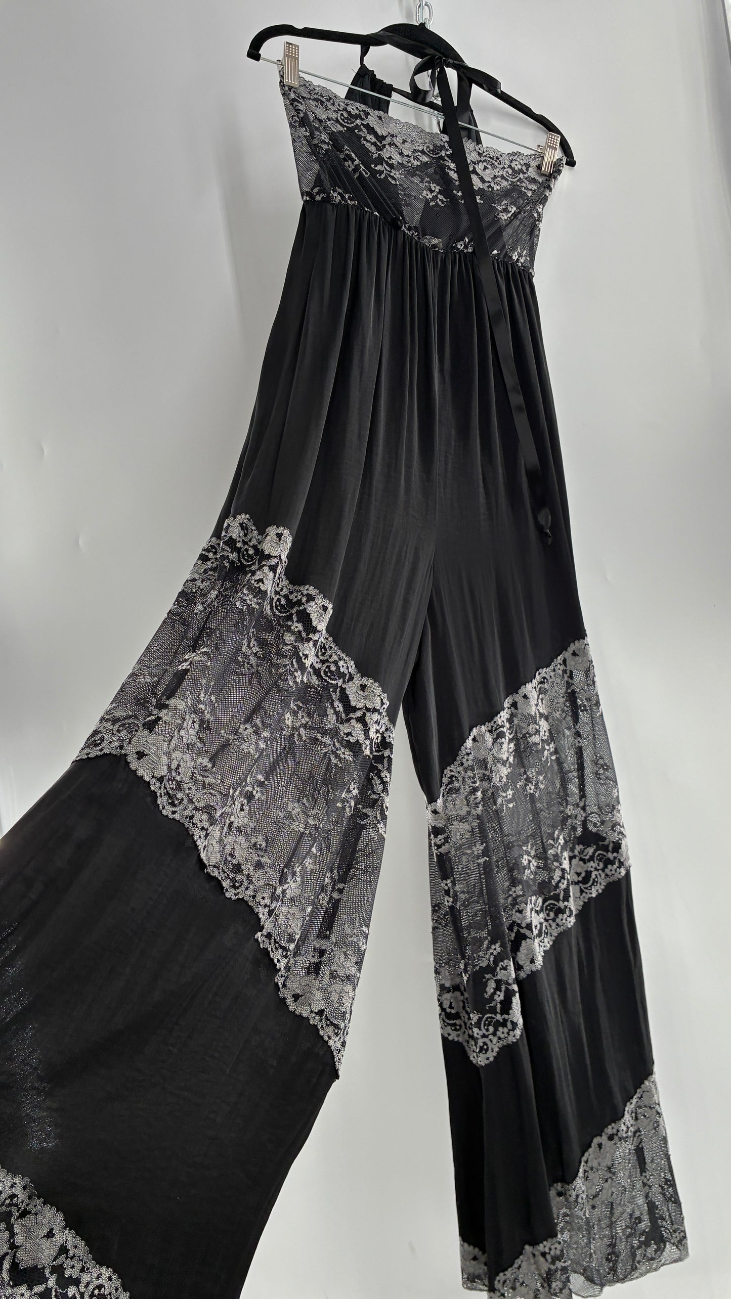 Free People Silky Black Jumpsuit with Grey Lace Paneling and Bandeau (S)