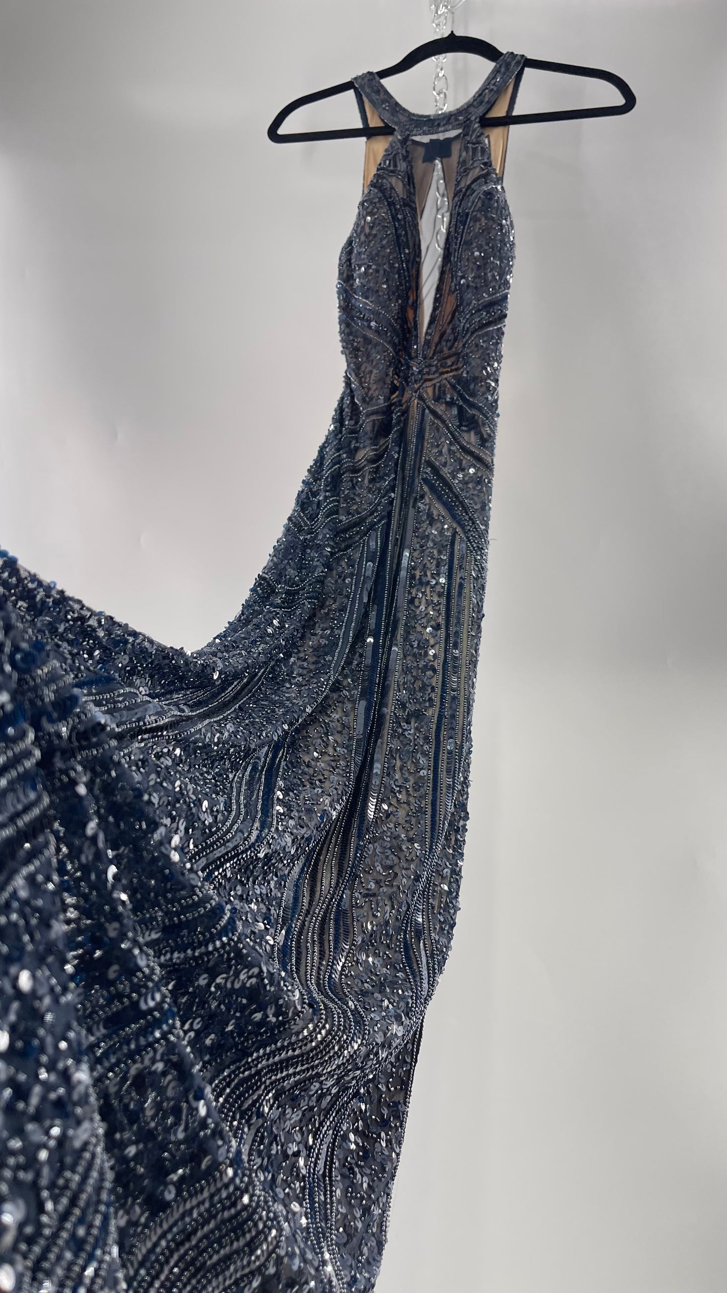 Vintage SCALA Navy Blue Beaded Floor Length Gown with Plunging Neckline, Backless Detail, and Tan Underlay (C)(4)