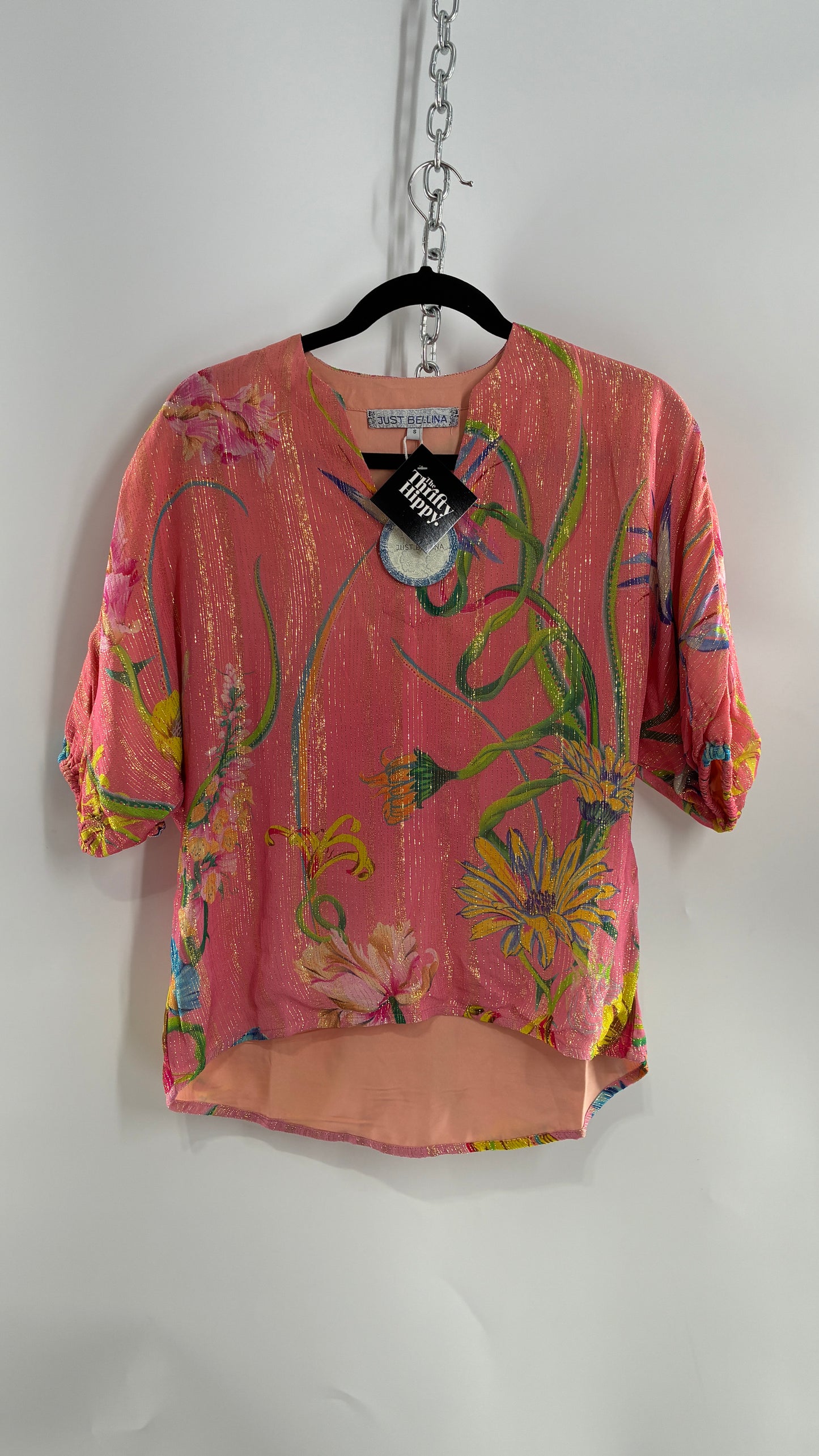 JUST BELLINA Pink Tropical Patterned Puff Sleeve Blouse with Gold Threading and Tags Attached (Small)