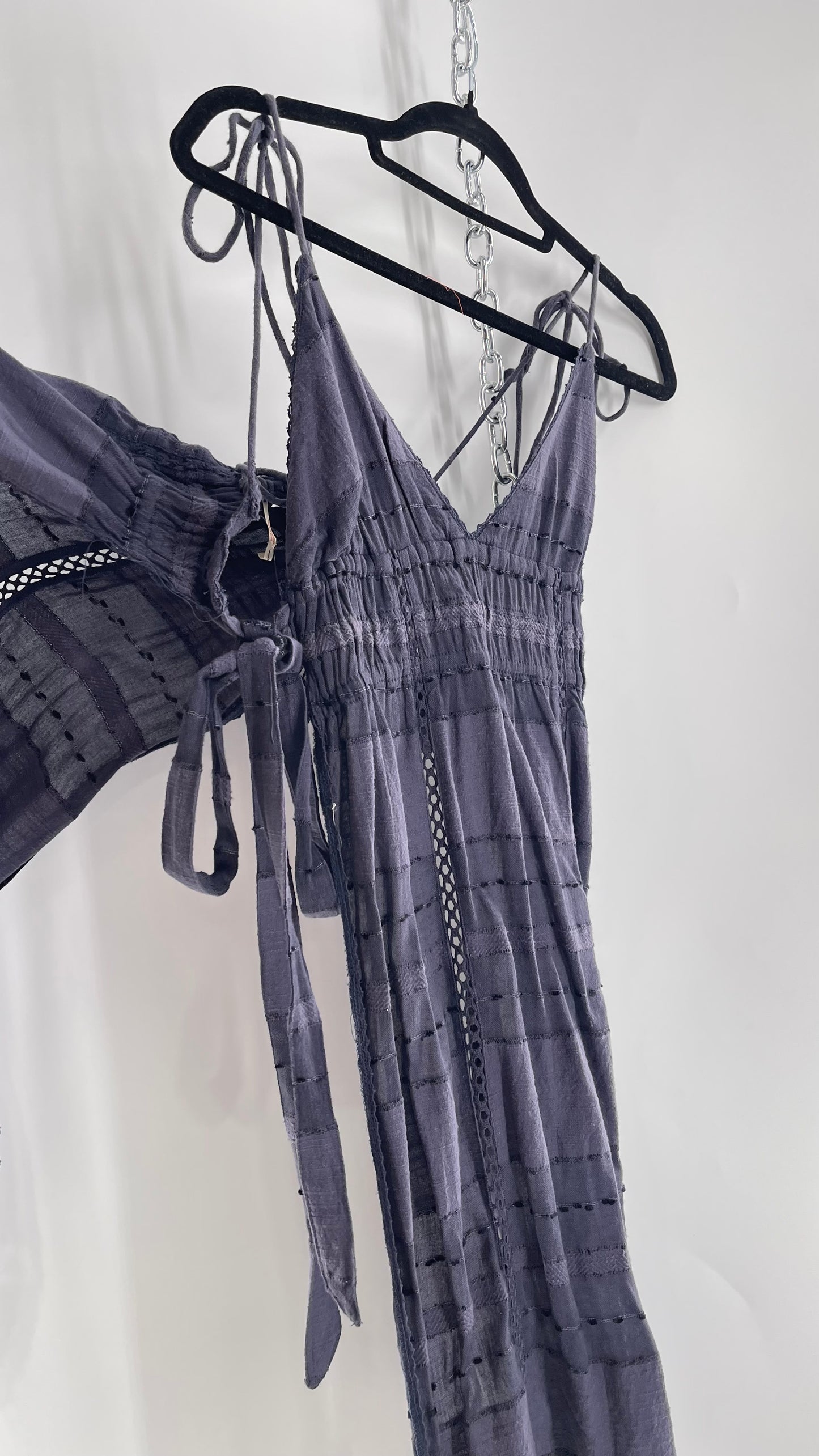 Free People Navy Blue Cotton Lace and Embroidered Open Tie Side Dress (M)
