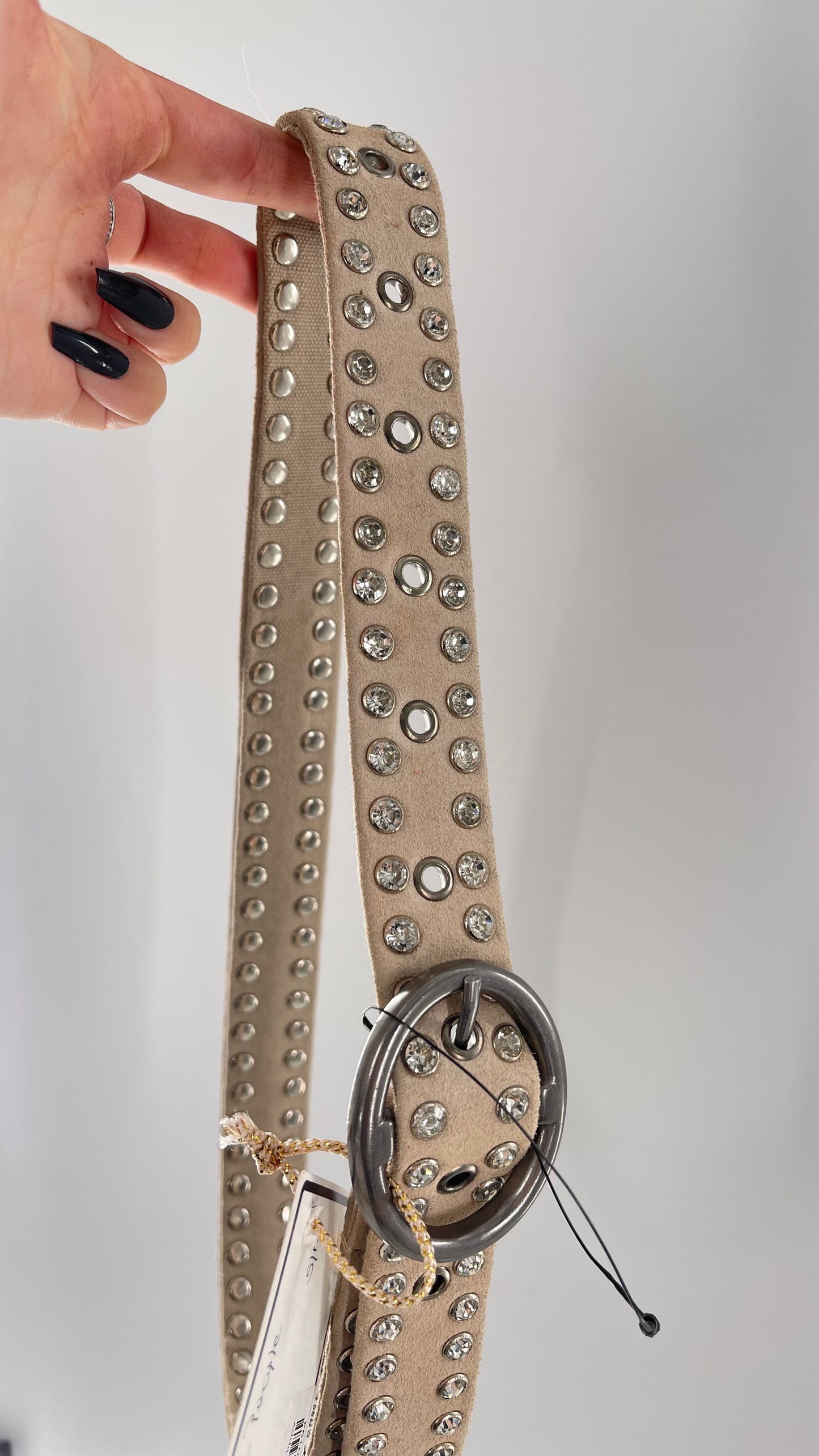 Free People Beige Leather Canvas Studded Rhinestone Crystal Studded Belt with Heavy Metal Buckle (S/M)
