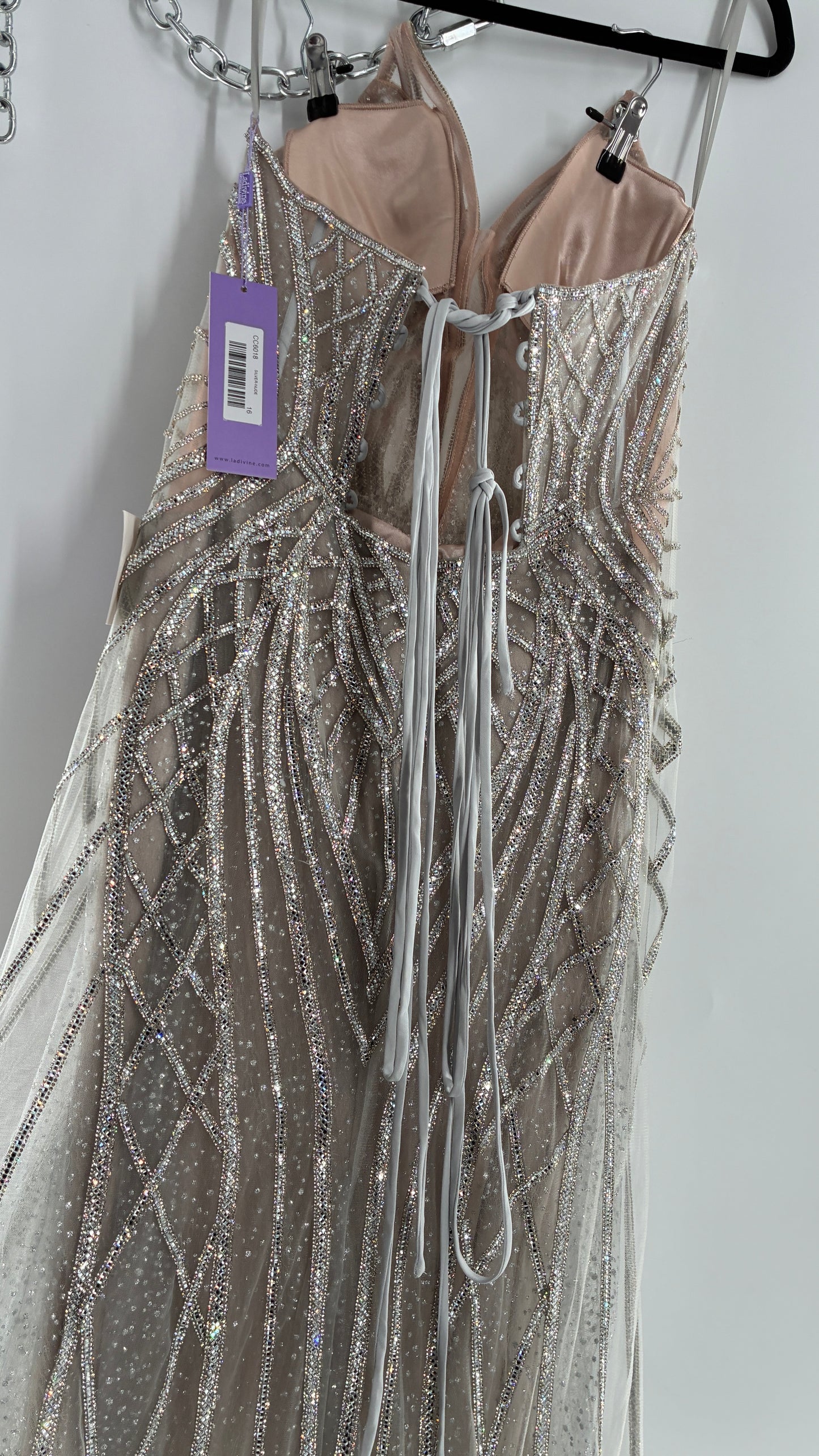 NWT LADIVINE by Cinderella Divine Silver Nude CC6018 Mermaid Corseted Gown with Multiple Layers of Tulle, Covered in Crystal Strips (16)