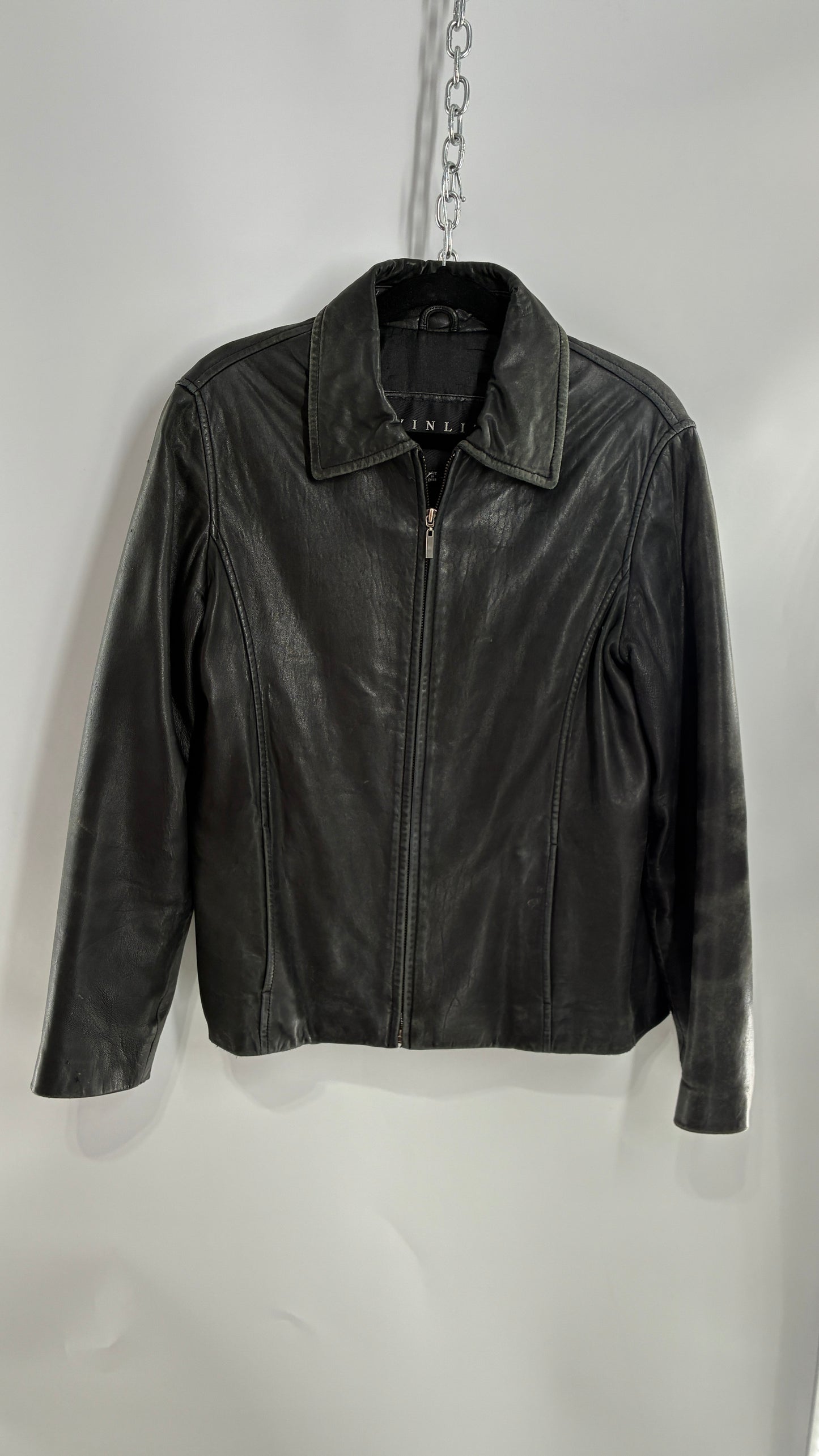 Vintage WINLIT New York Black Leather Collared Zip Front Paneled Jacket (Large)