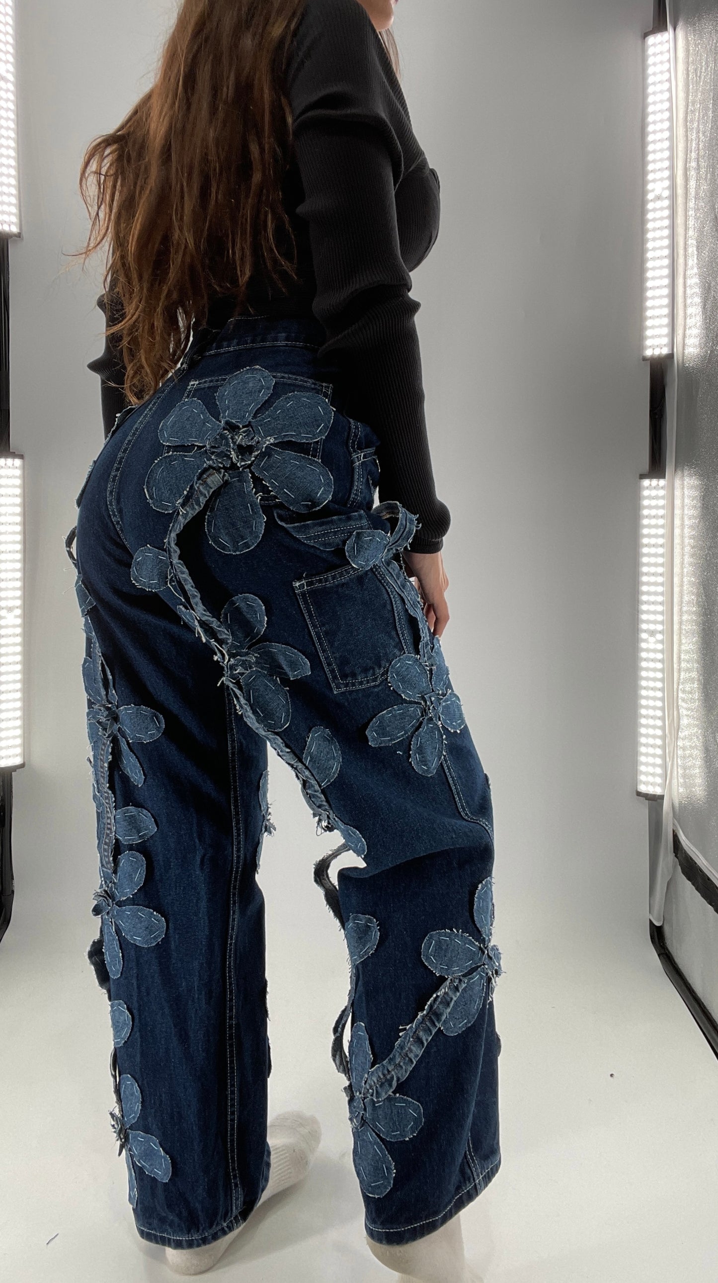 Handmade CUSTOM Dual Denim Tone Floral Vine Cargo Denims (S)