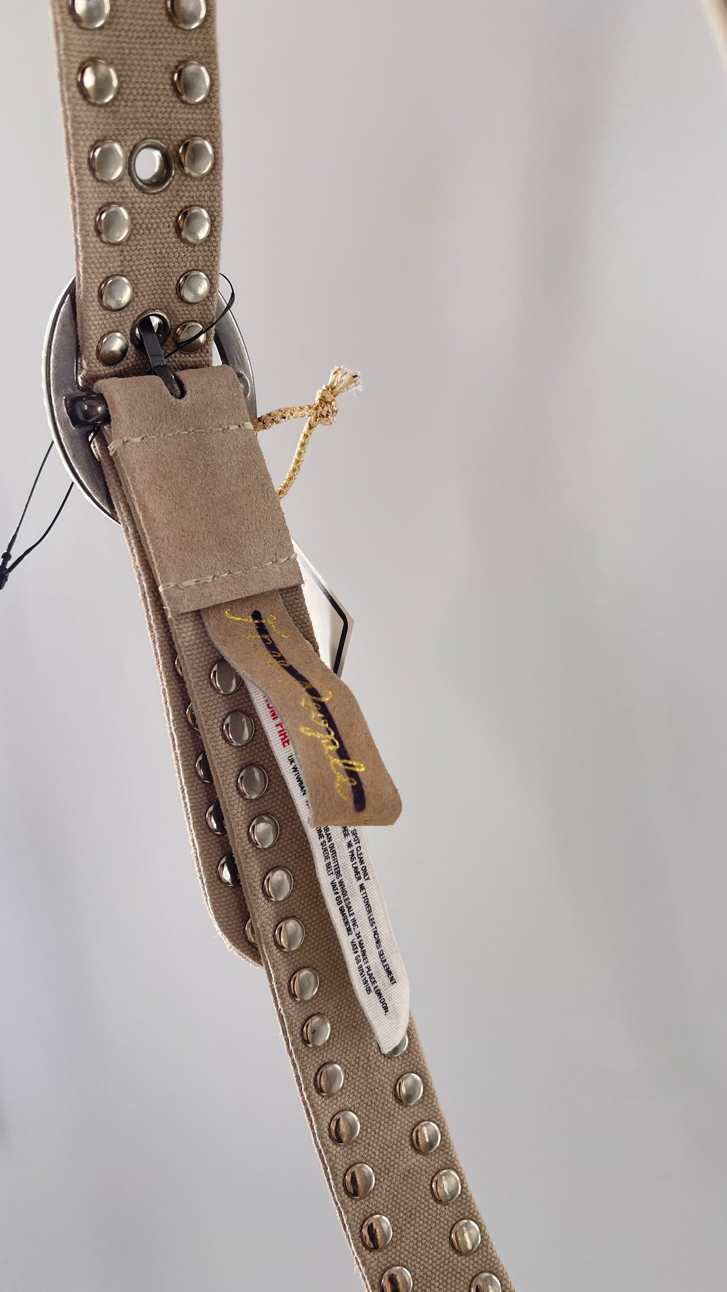 Free People Beige Leather Canvas Studded Rhinestone Crystal Studded Belt with Heavy Metal Buckle (S/M)