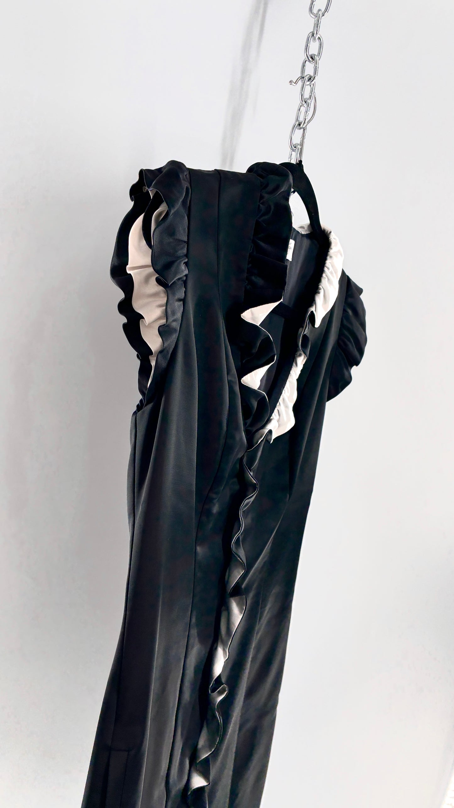 Vintage ADAM PLUS EVE Adam Lippes 58% Wool Black Paneled, Tailored Dress with White Ruffles (6)