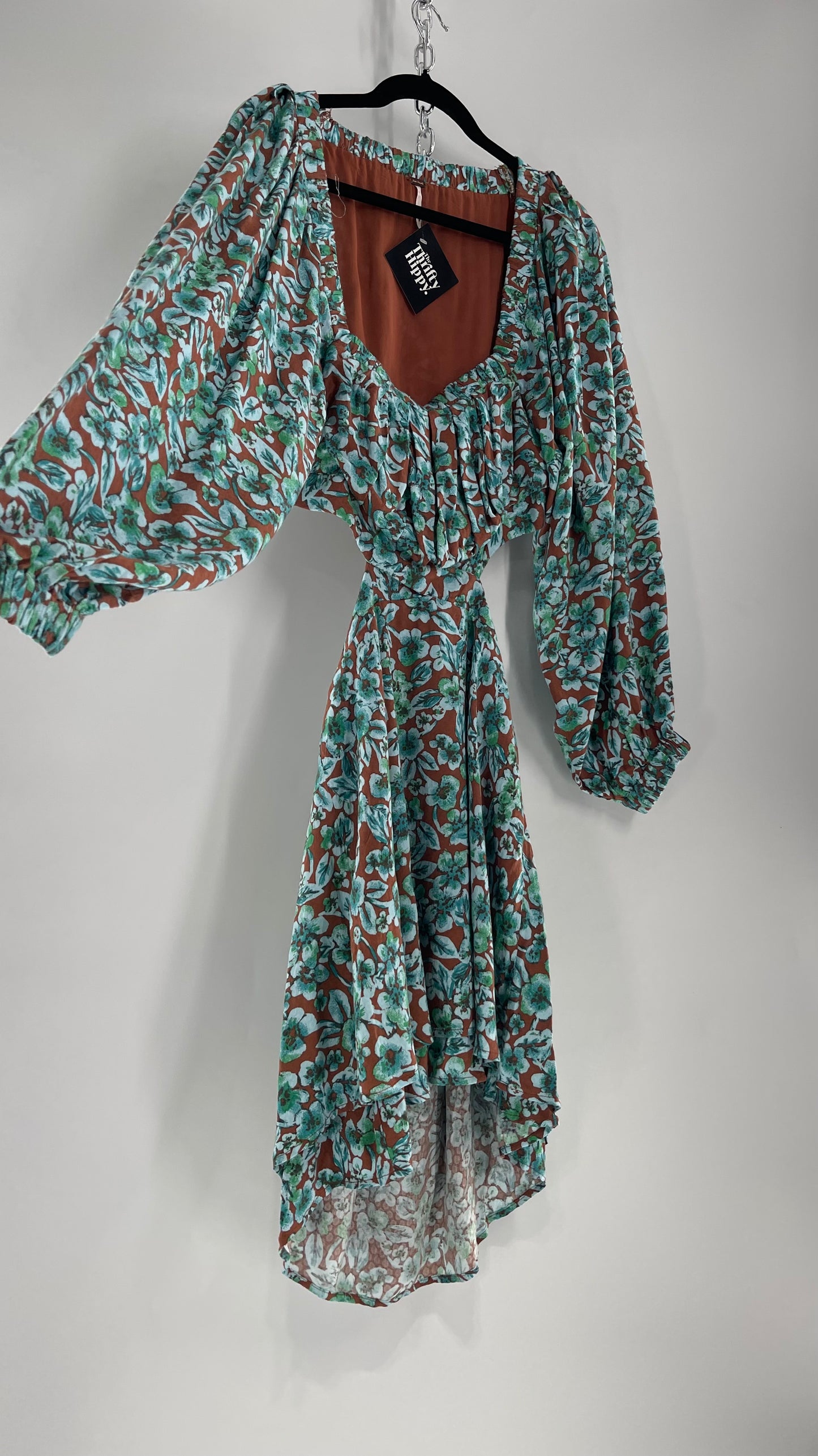 Free People Brown Cut Out Milkmaid Mini with Blue Florals (Medium)