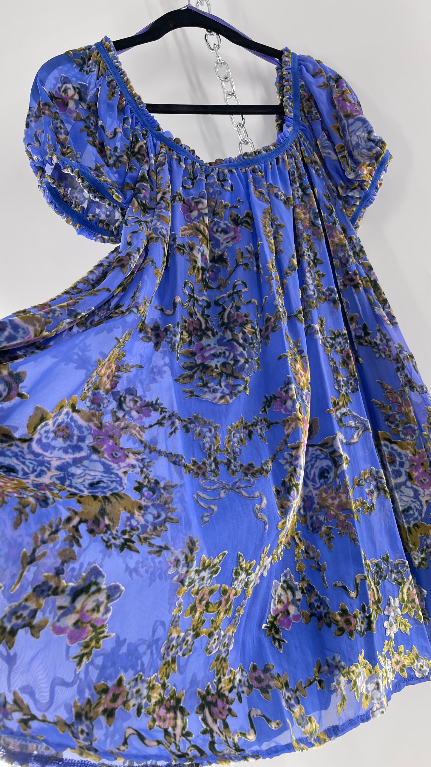 Free People Royal Blue Velvet Floral Babydoll Dress (Small)