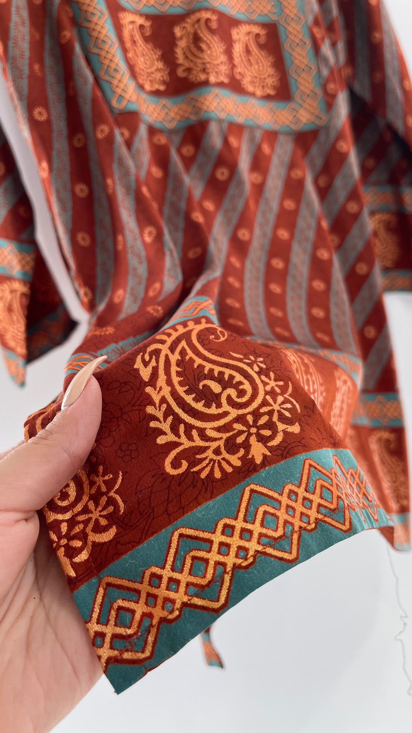 Vintage 1970s Indian 100% Silk Tunic Burnt Orange, Teal and Gold (40)