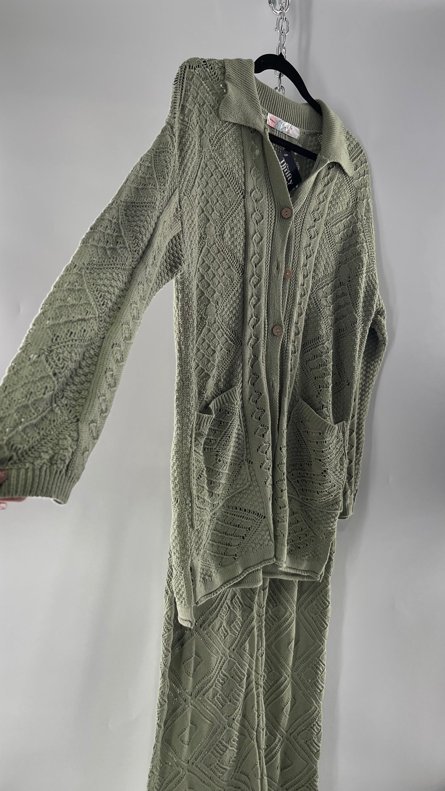 Free People Beach Sage Green Crochet Wooden Button Front Cardigan and Wide Leg Set (Medium)